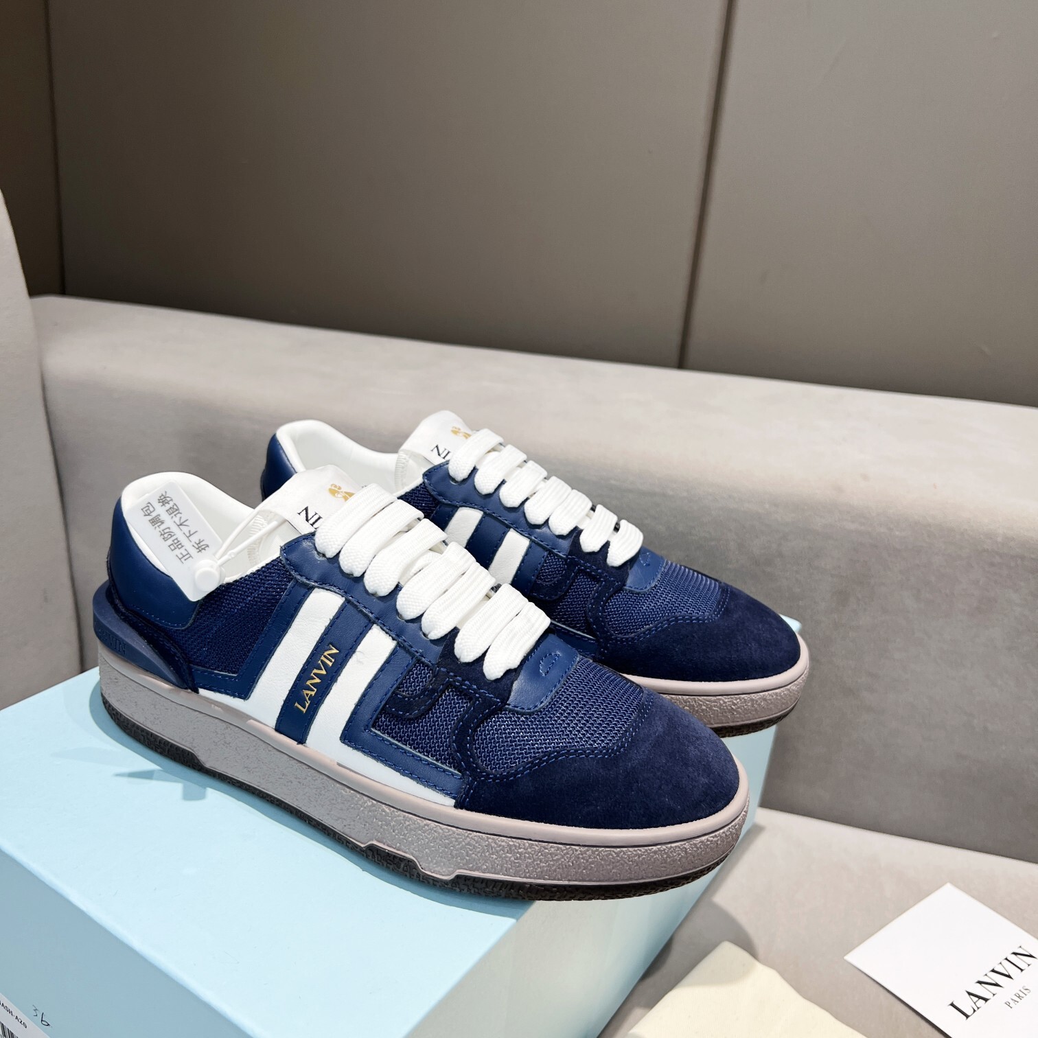 Lanvin Clay mesh and calf leather low-top sneakers in a blue and white colorway