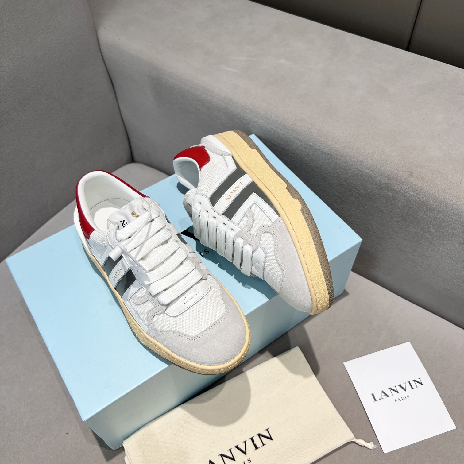 Lanvin Clay Low Top Sneakers in white, grey, and red leather and mesh