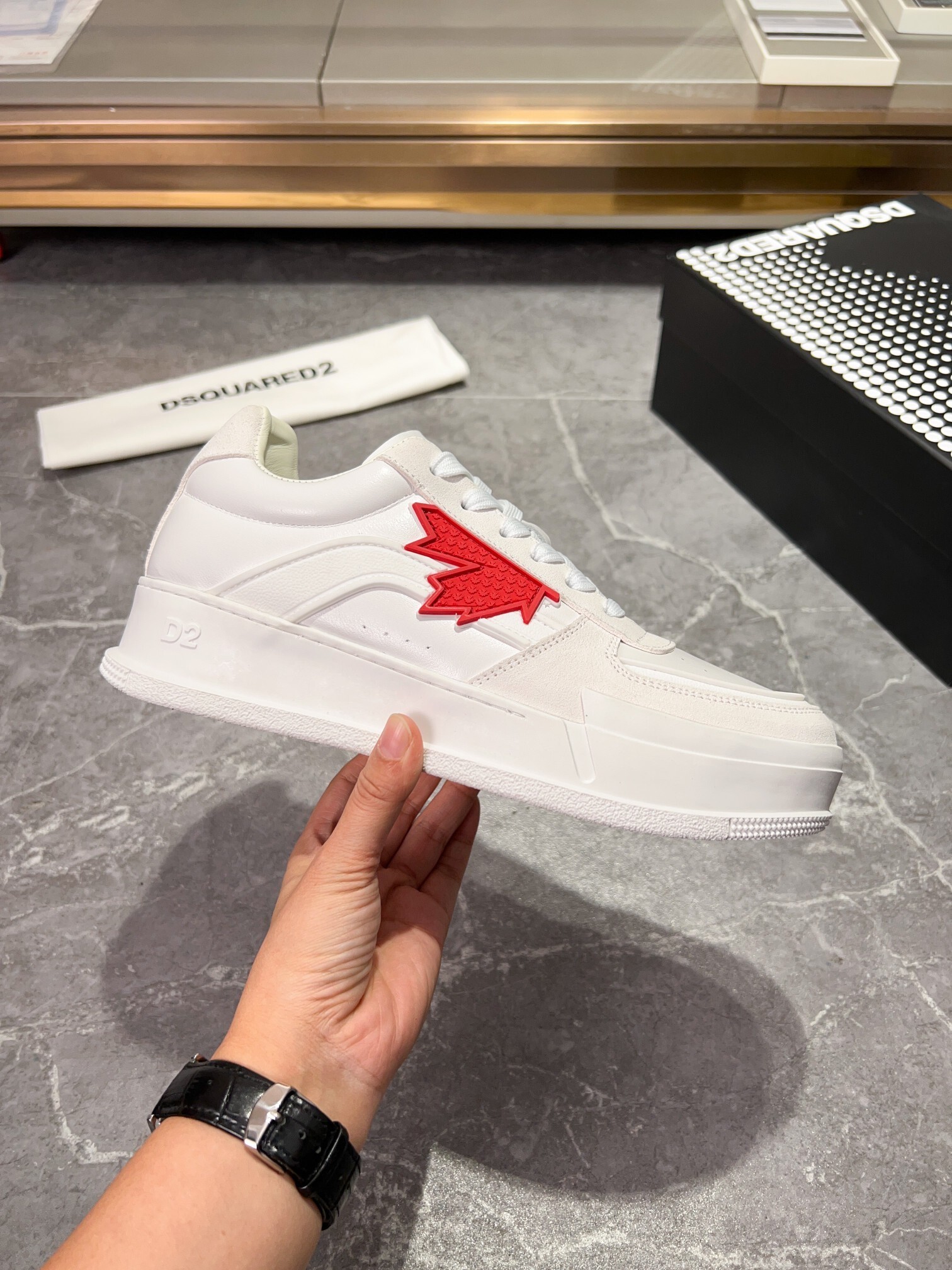Dsquared2 white leather "Canadian" sneakers with a red maple leaf patch