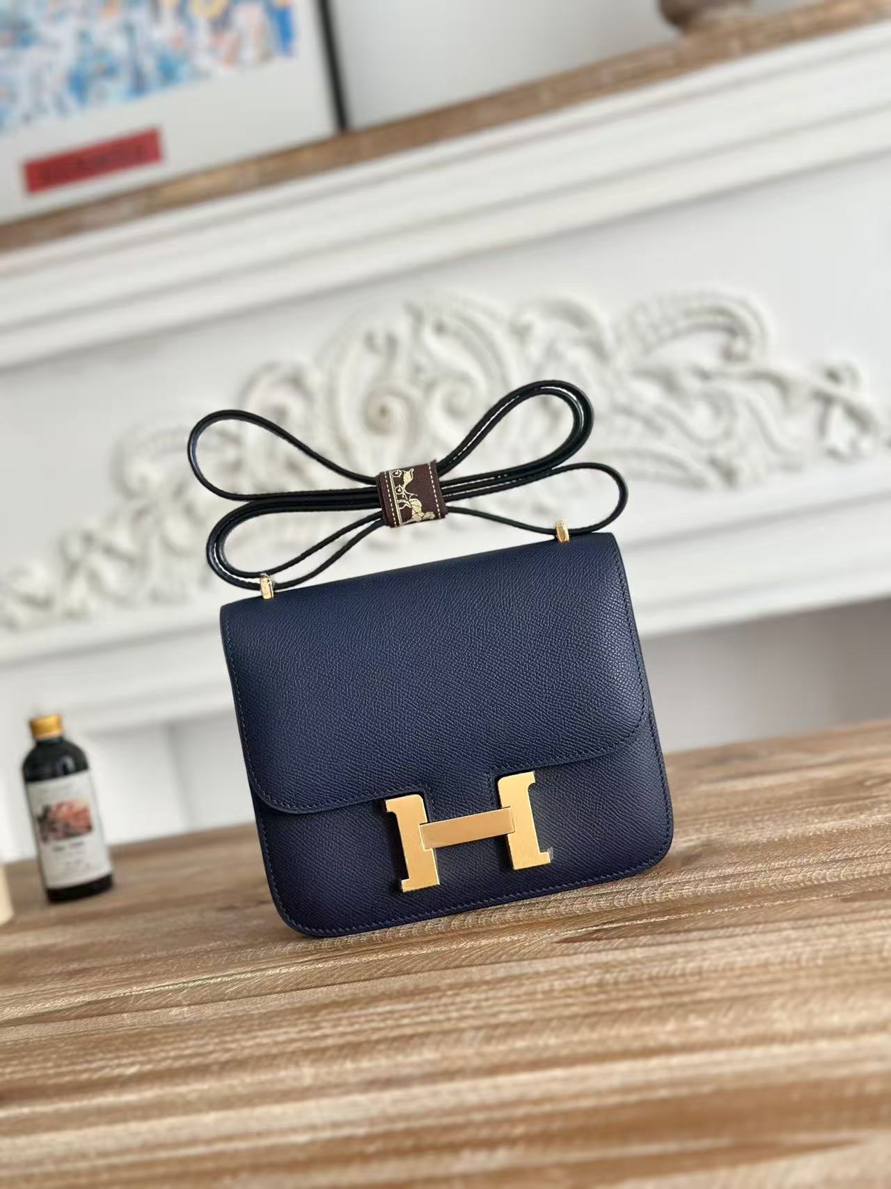 Hermès Constance 24 crossbody bag in blue Epsom leather with gold hardware