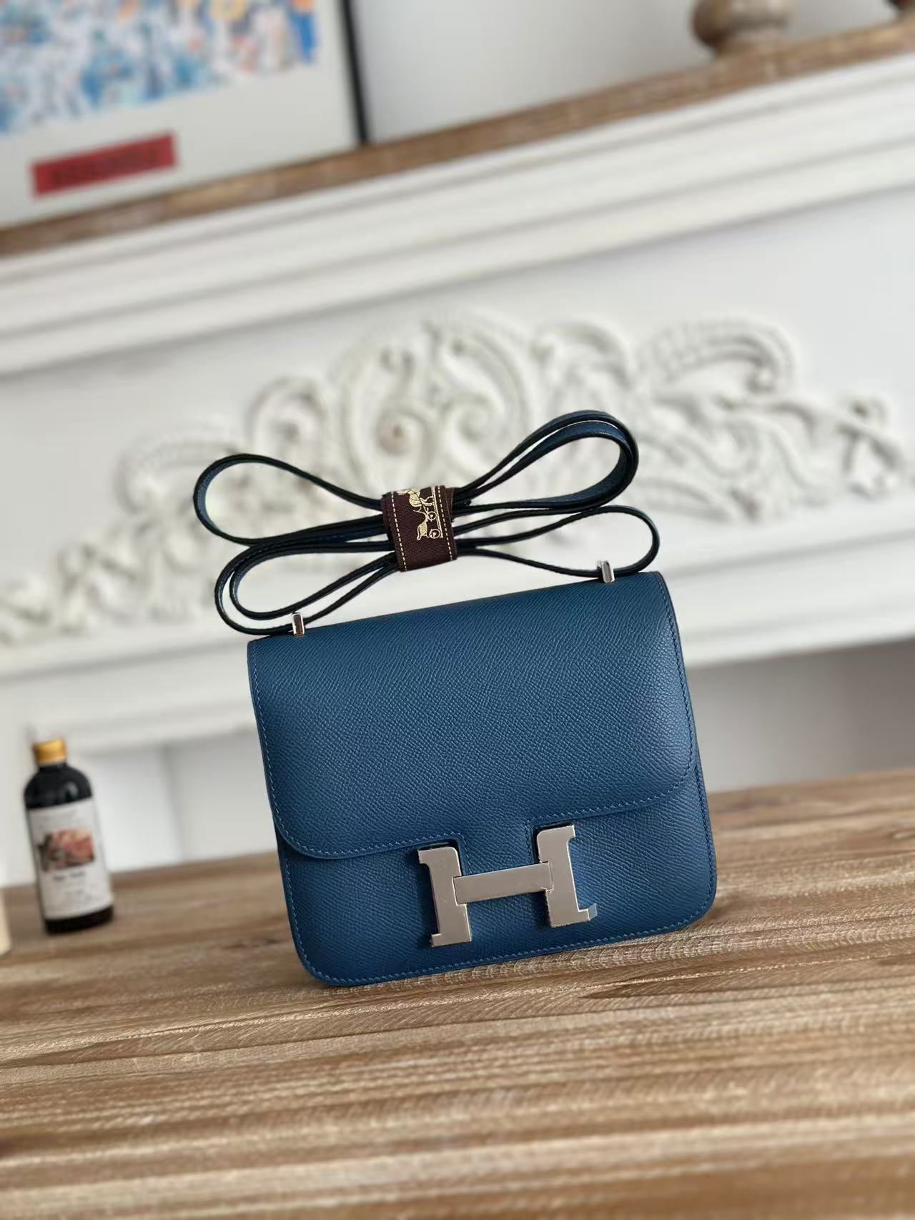 Hermès Constance 18 mini cross body bag in Izmir blue Epsom leather with palladium hardware