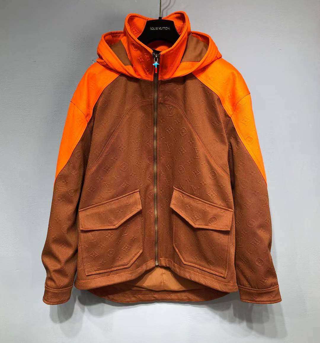 LV Monogram Hooded Denim Carpenter Jacket in brown and orange