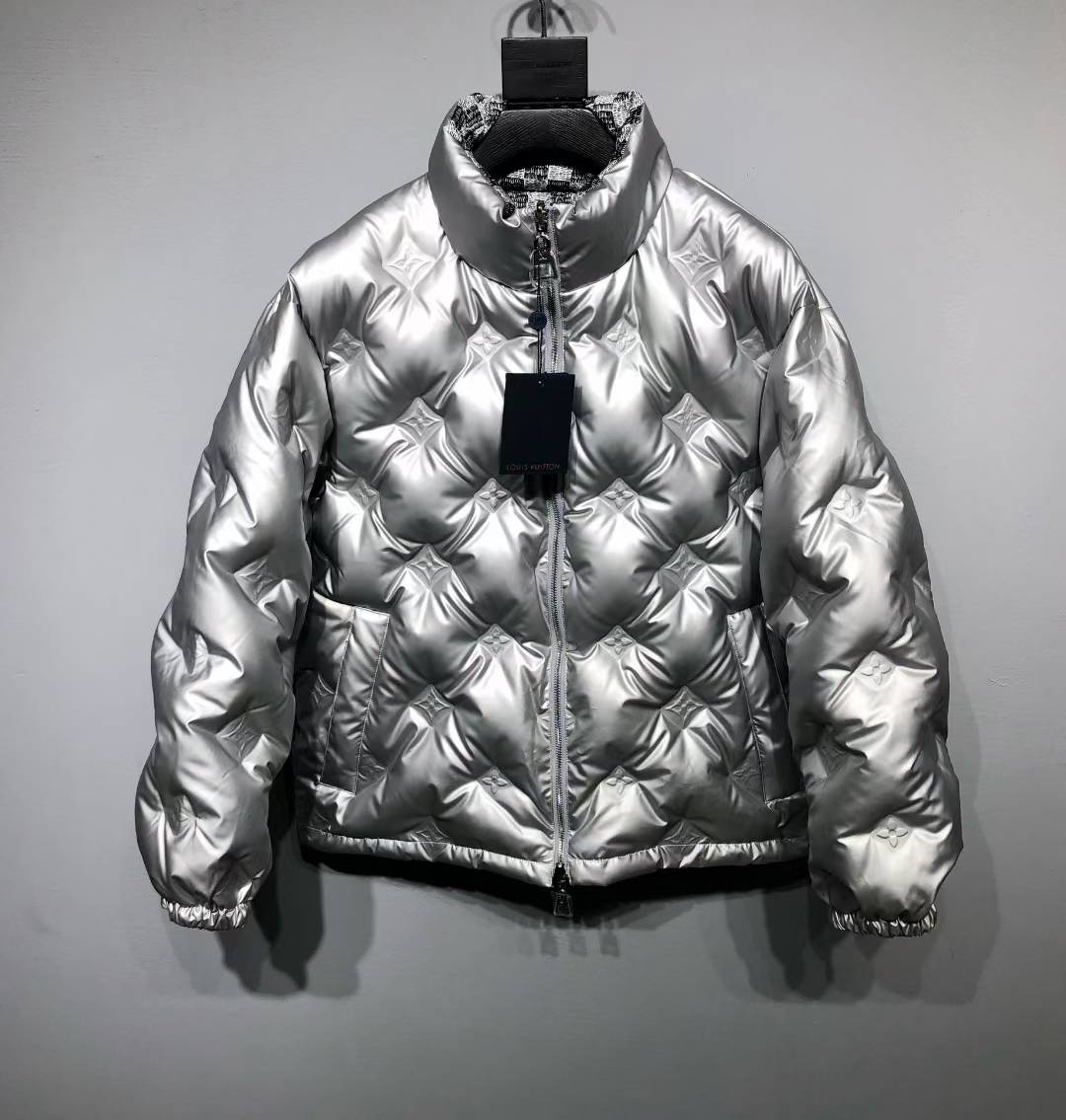 LV metallic silver reversible women's puffer jacket