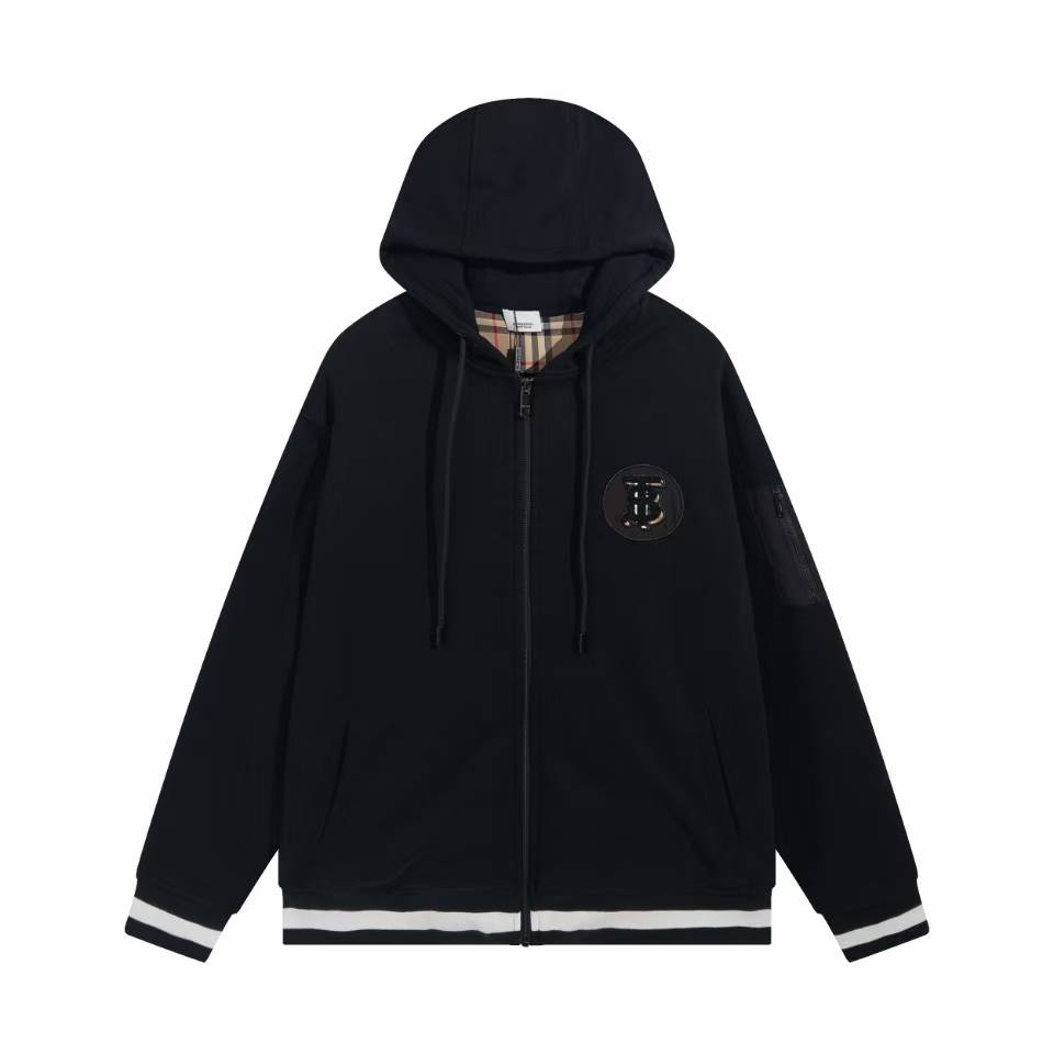 Burberry Check Hood Cotton Zip Hoodie in black