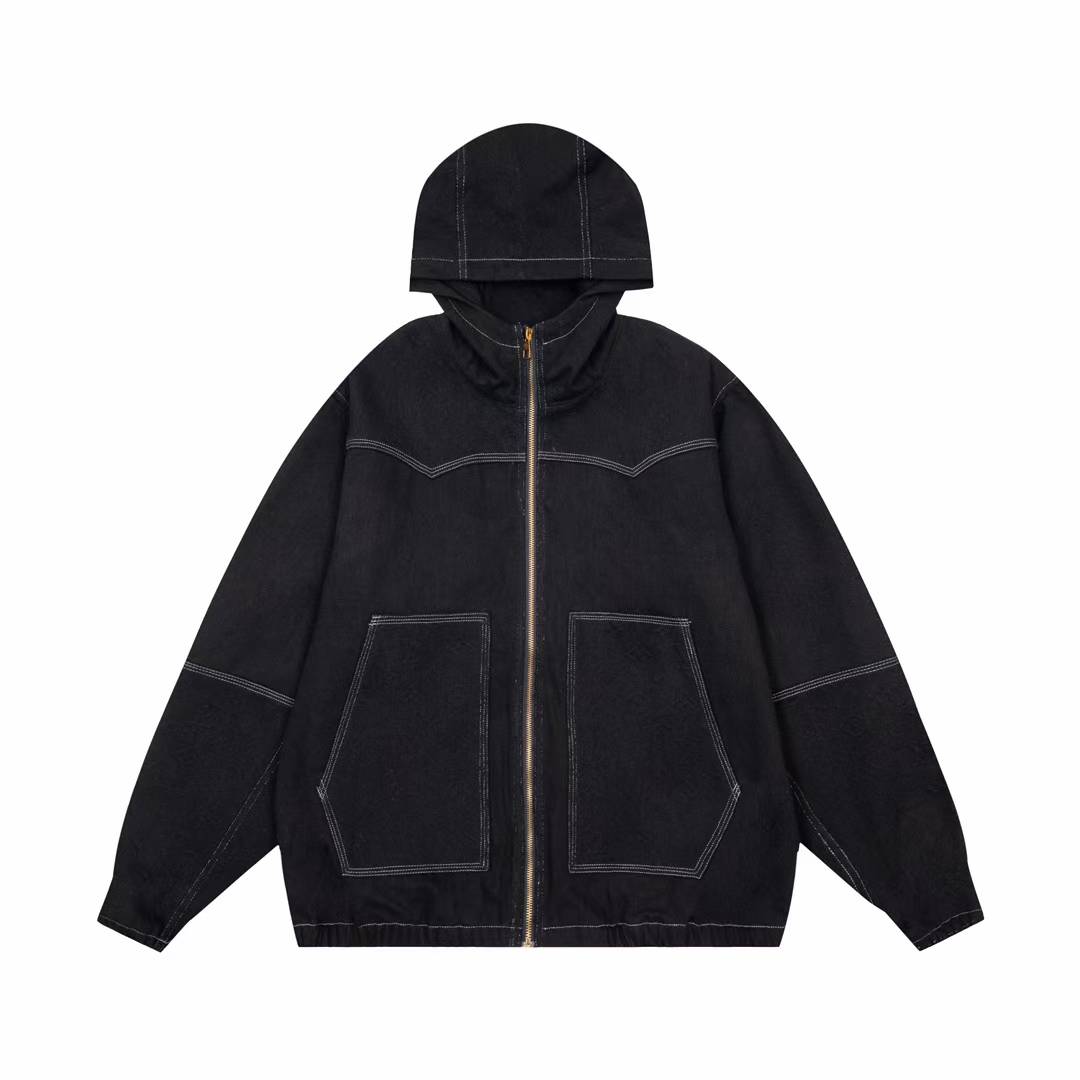 LV black denim hooded jacket with white contrast stitching and a full-zip front