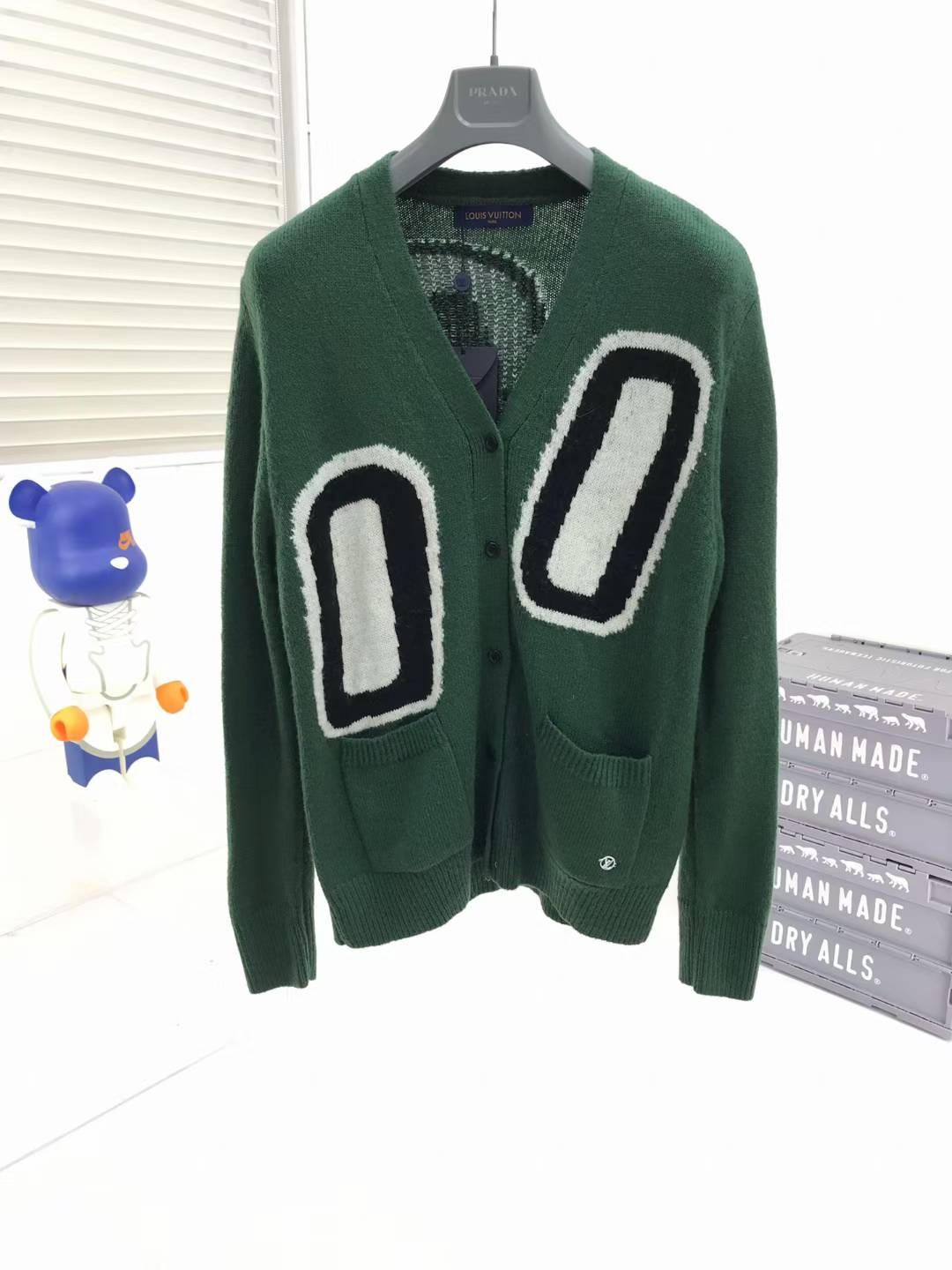 LV green mohair cardigan with white and black patches