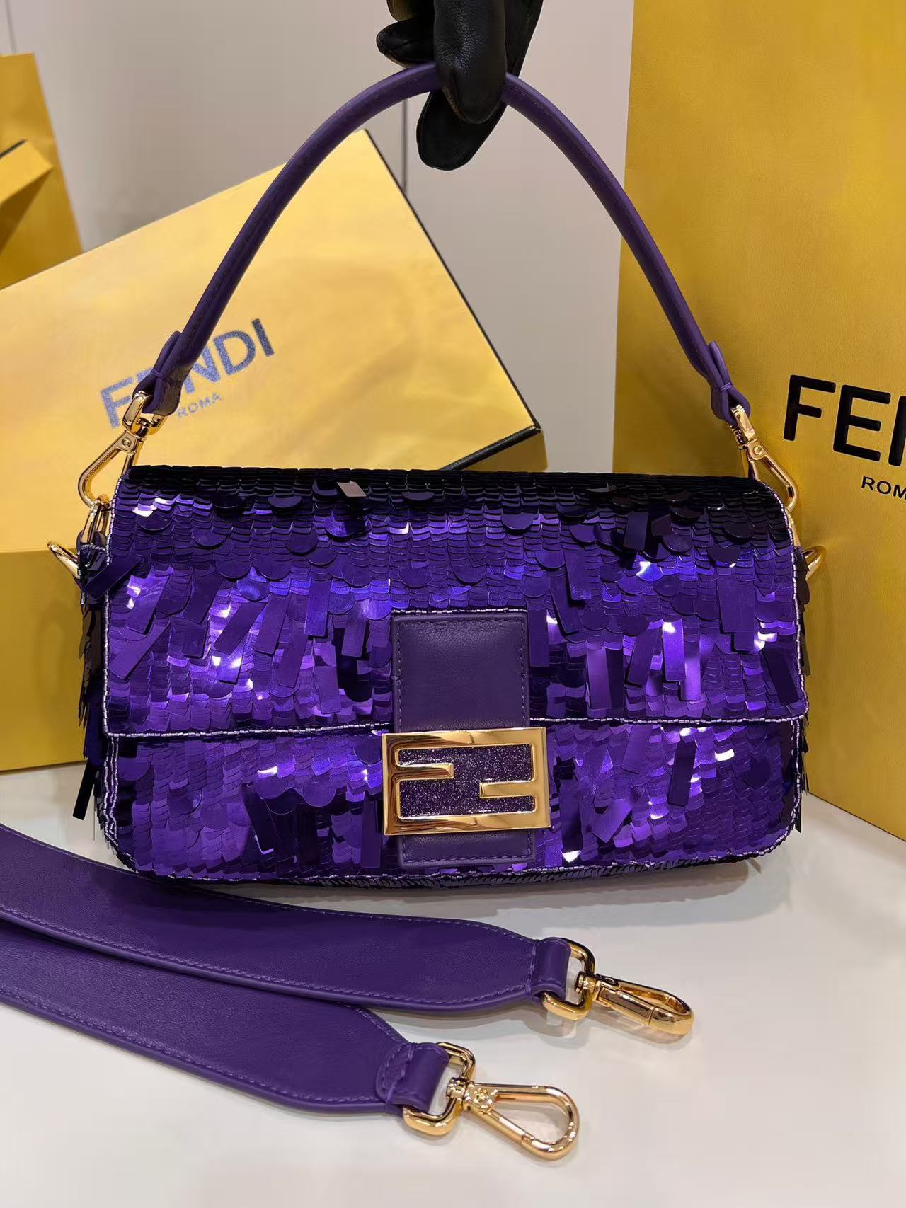 Fendi medium Baguette bag in purple sequined embroidery