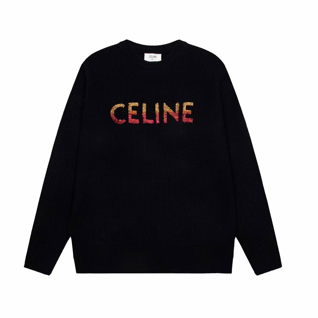 Celine oversized crew neck sweater in black wool with multi-colored embroidery