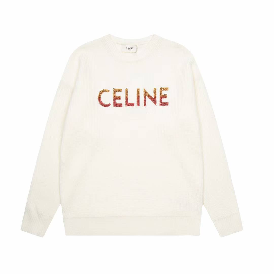 Celine embroidered sweater in ribbed wool off-white with a gradient sequin logo
