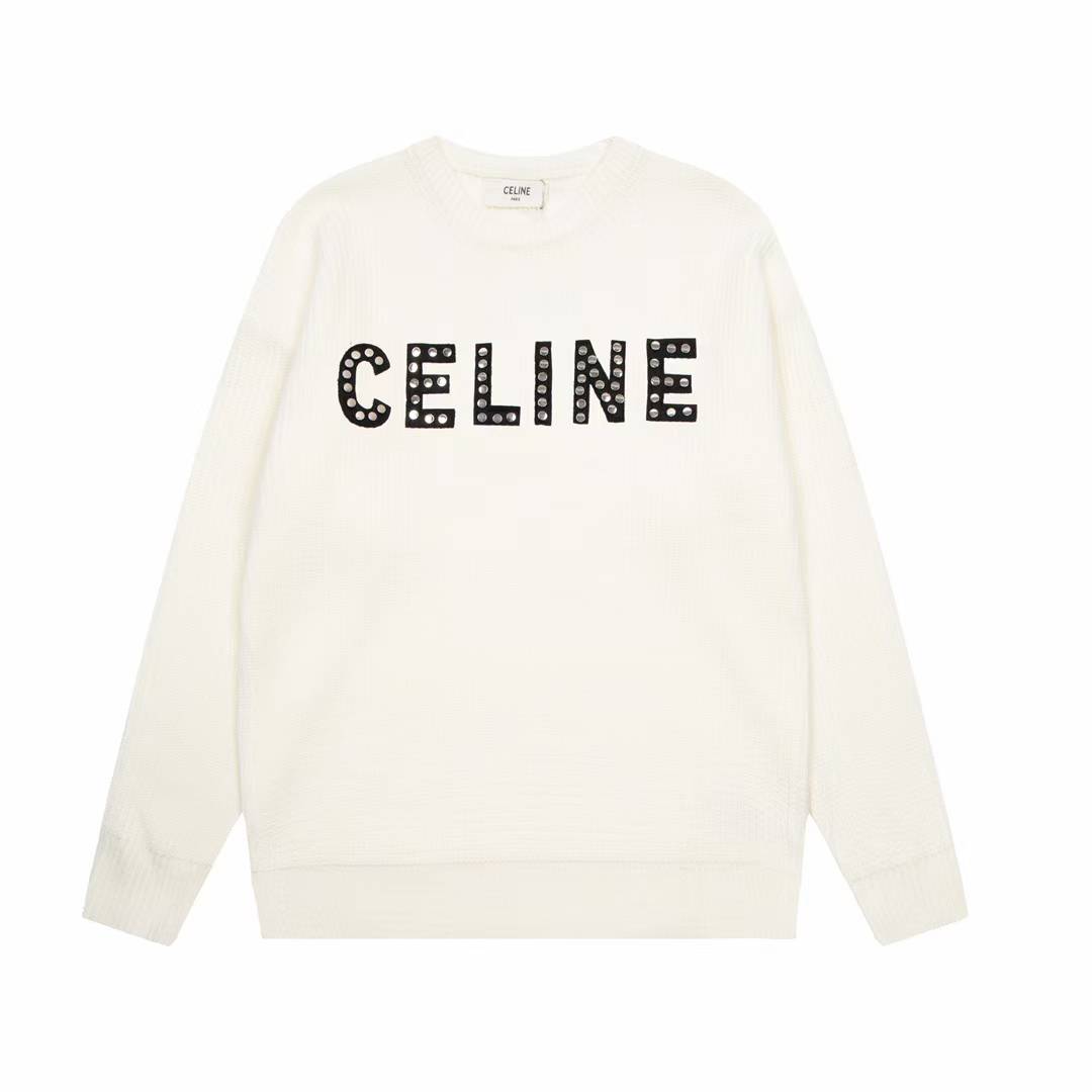 Celine sweatshirt in washed white cotton fleece with a sequin-embellished logo