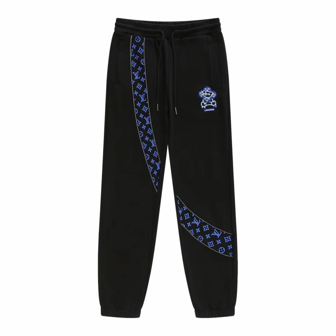 LV black knit track pants with a blue Monogram side stripe