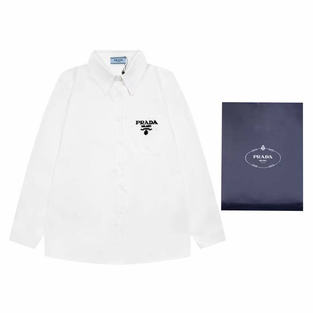 Prada white cotton poplin long-sleeved shirt with an embroidered logo