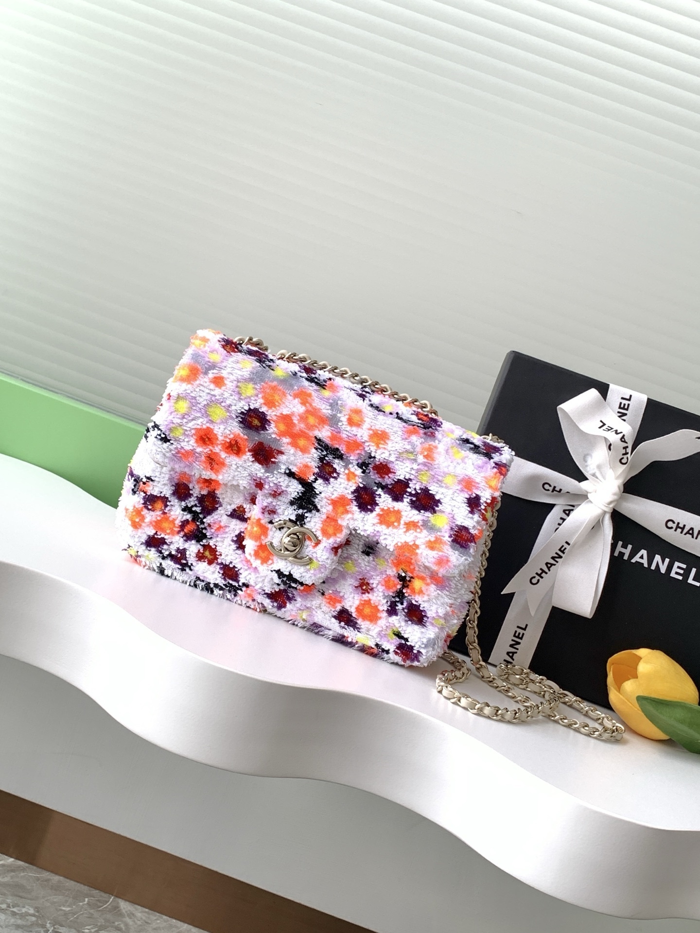 Chanel tweed double flap shoulder bag in a multi-color floral pattern