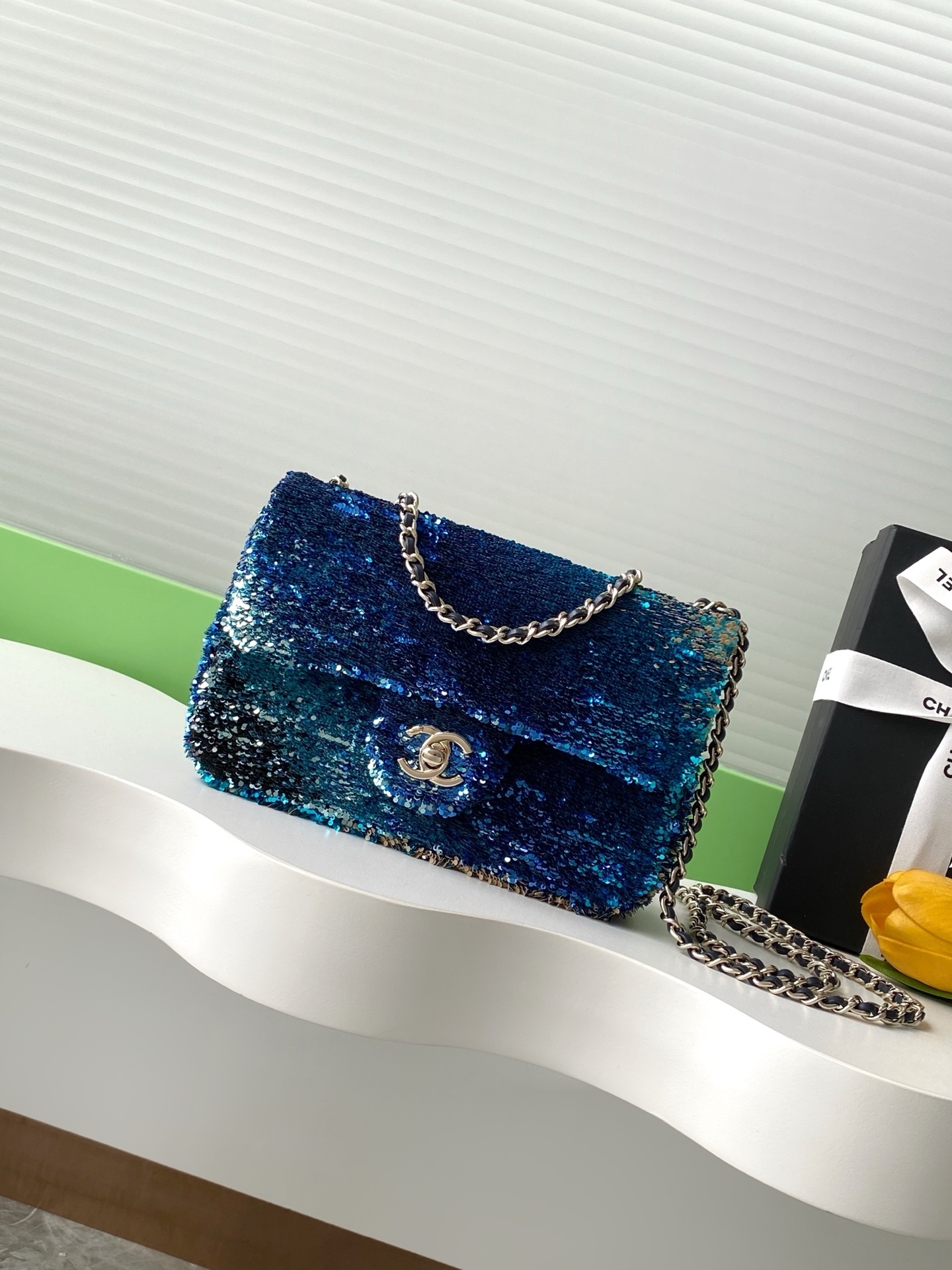 Chanel Shaded Sequins Mini Flap bag in blue and green sequins