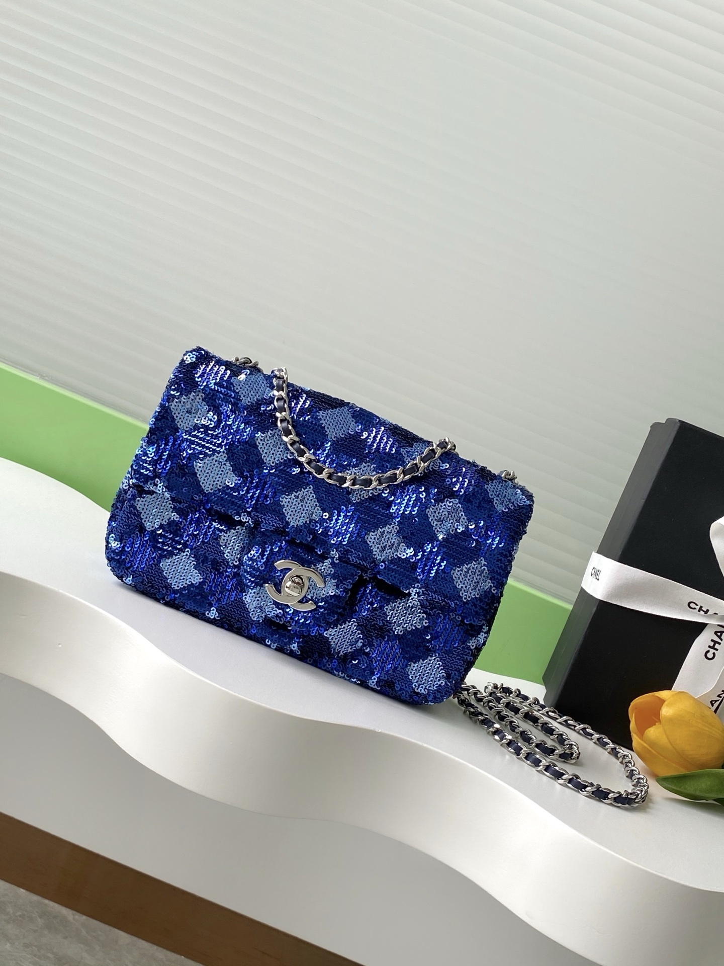 Chanel Sequin Mini Flap Bag in blue with a checkered pattern