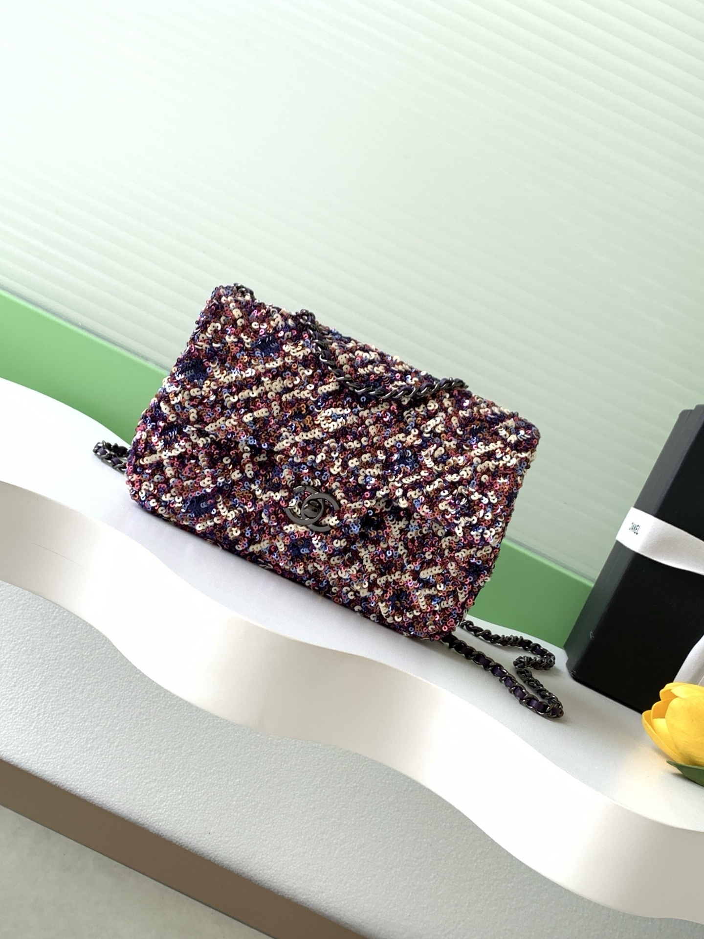 Chanel 2020 Violet Fuchsia Pink Crystals Wild Tweed Rectangular Mini Flap Bag