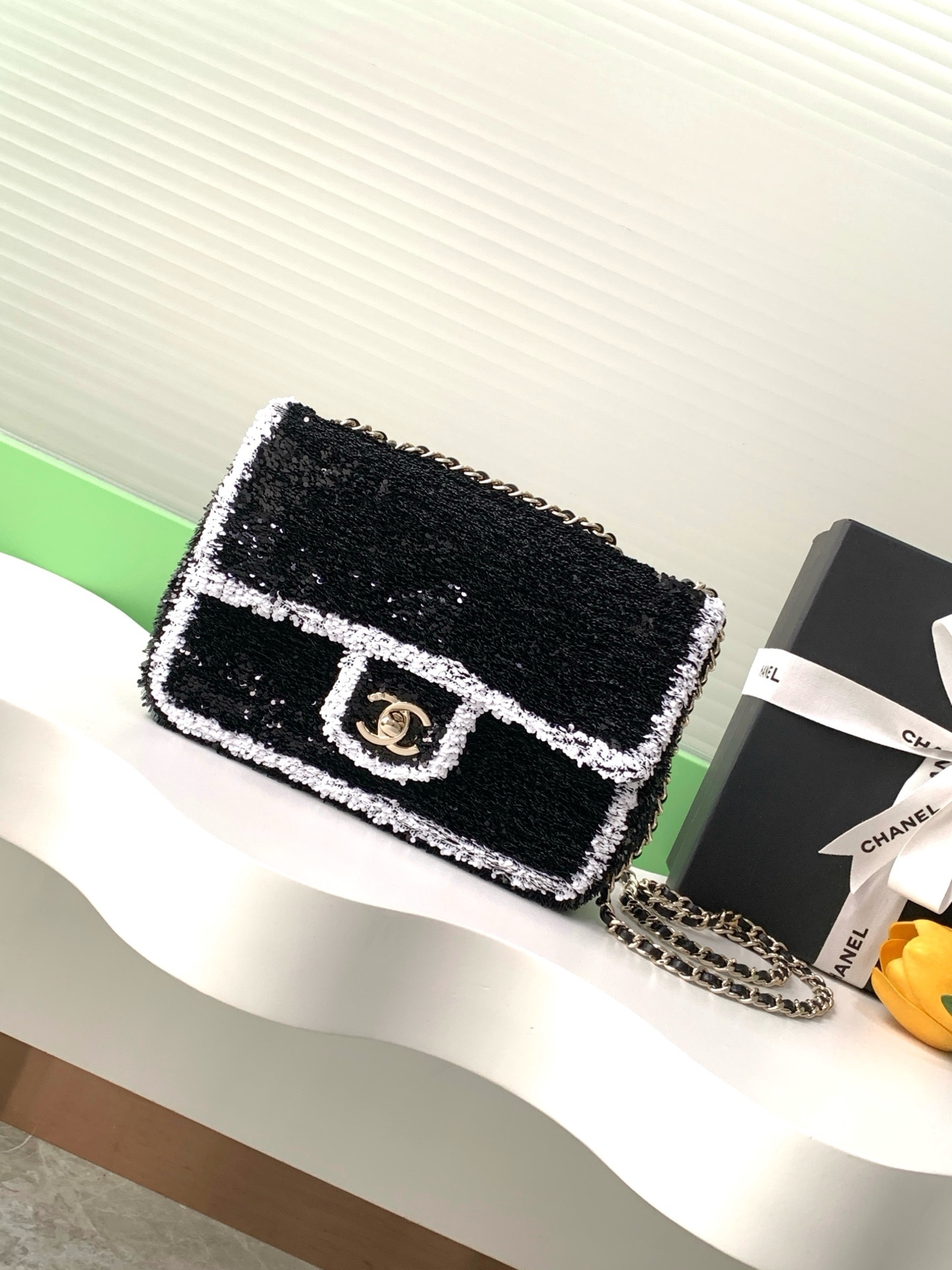 Chanel Flap Bag in black and white sequins with gold-tone metal