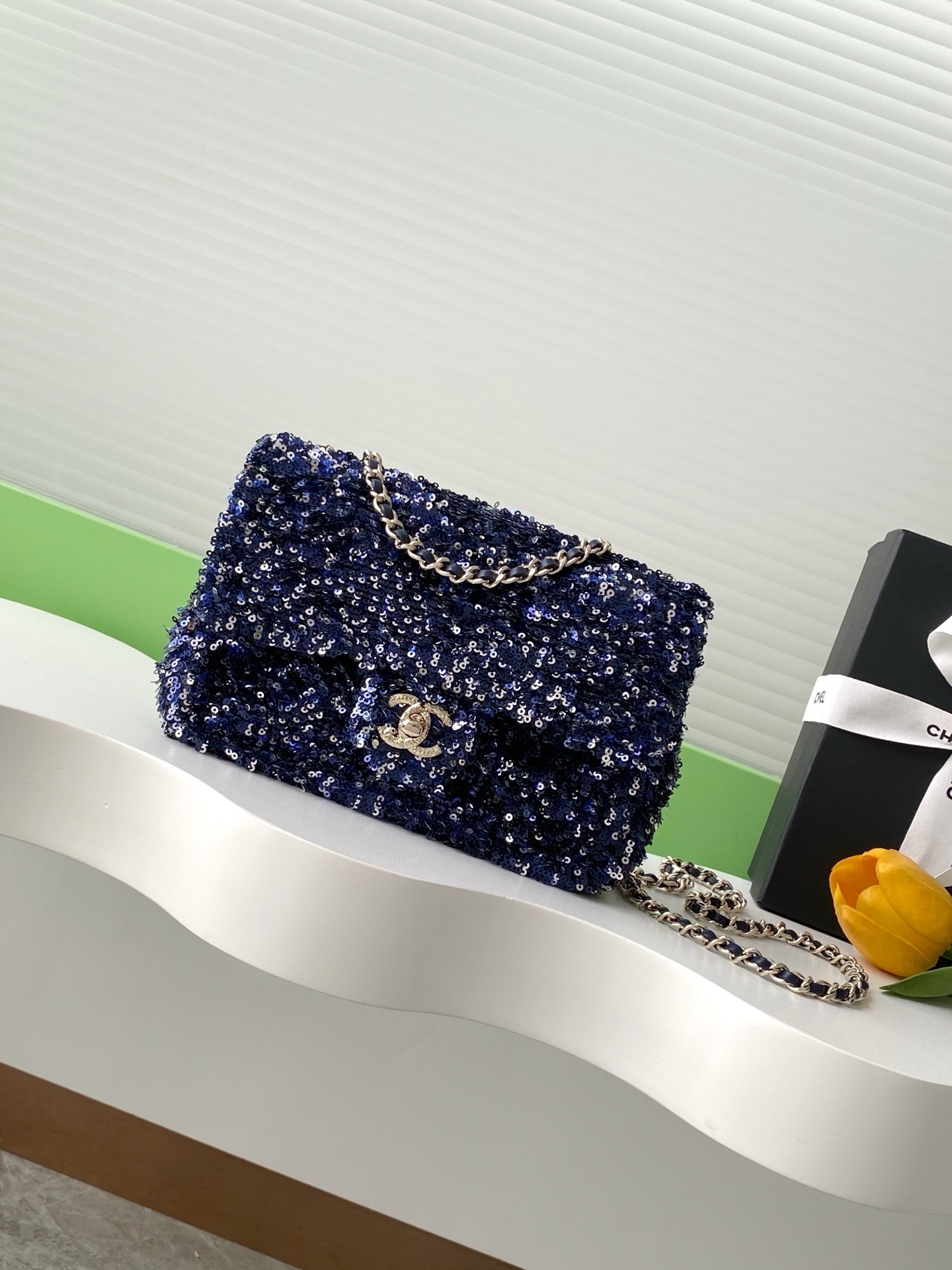 Chanel Classic Flap bag in blue tweed and sequins