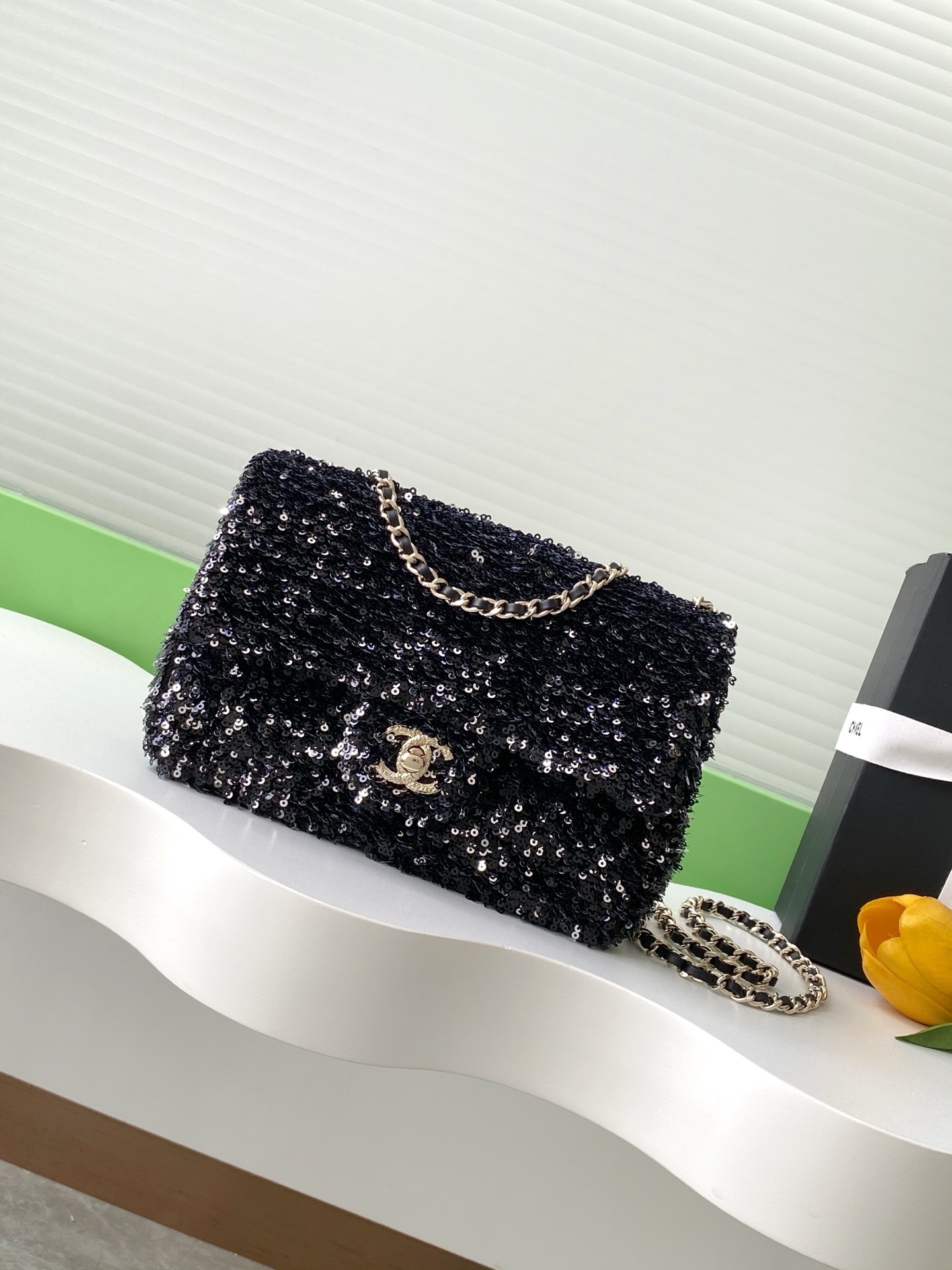 Chanel mini rectangular single flap bag black and white tweed sequins