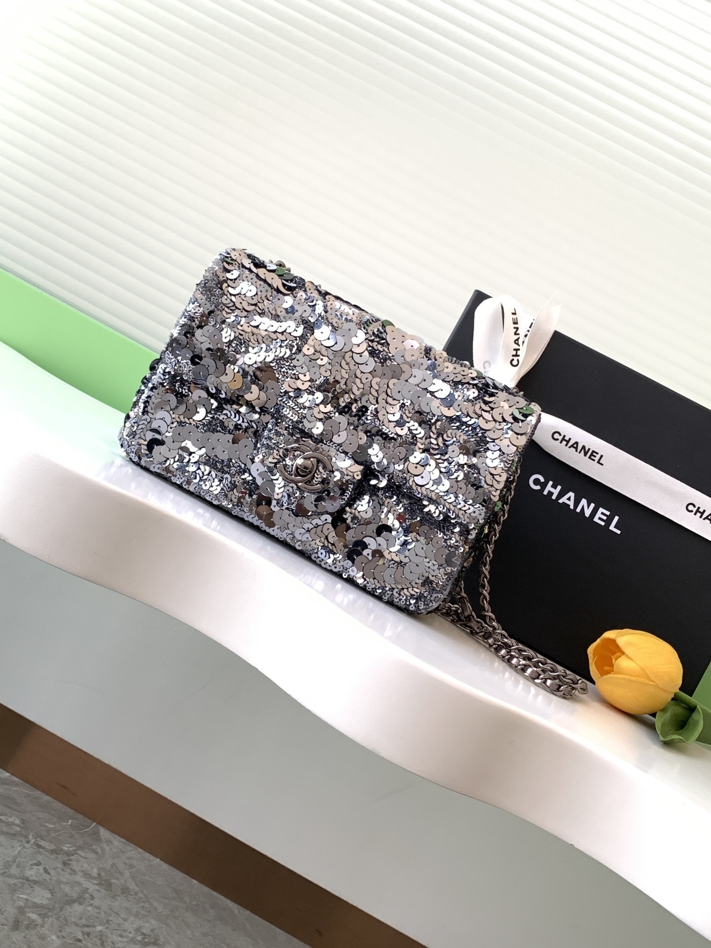 Chanel Mini Rectangular Fringe Flap Bag in silver sequin fabric with silver hardware