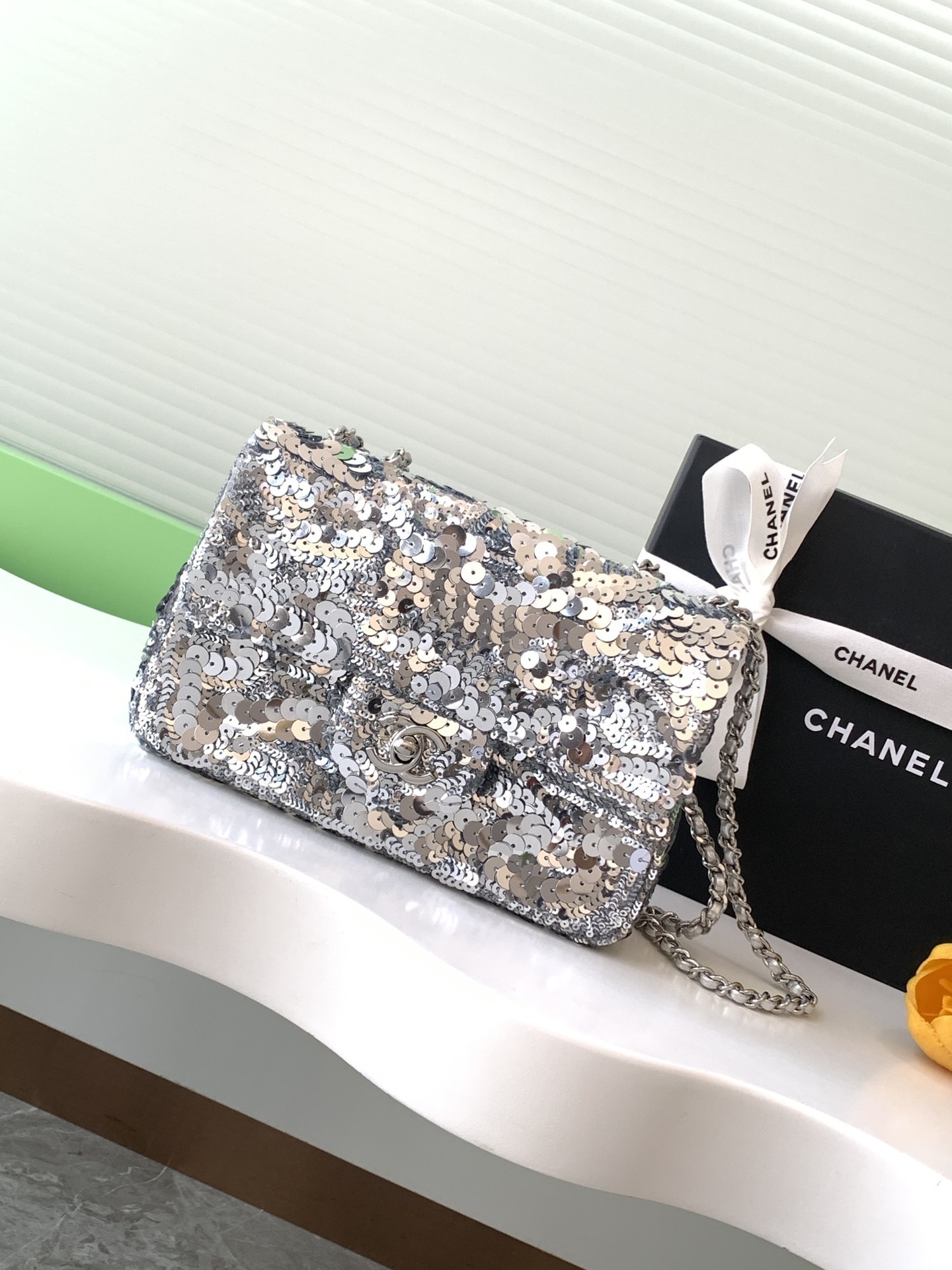 Chanel Sequin Classic Small Flap bag in silver