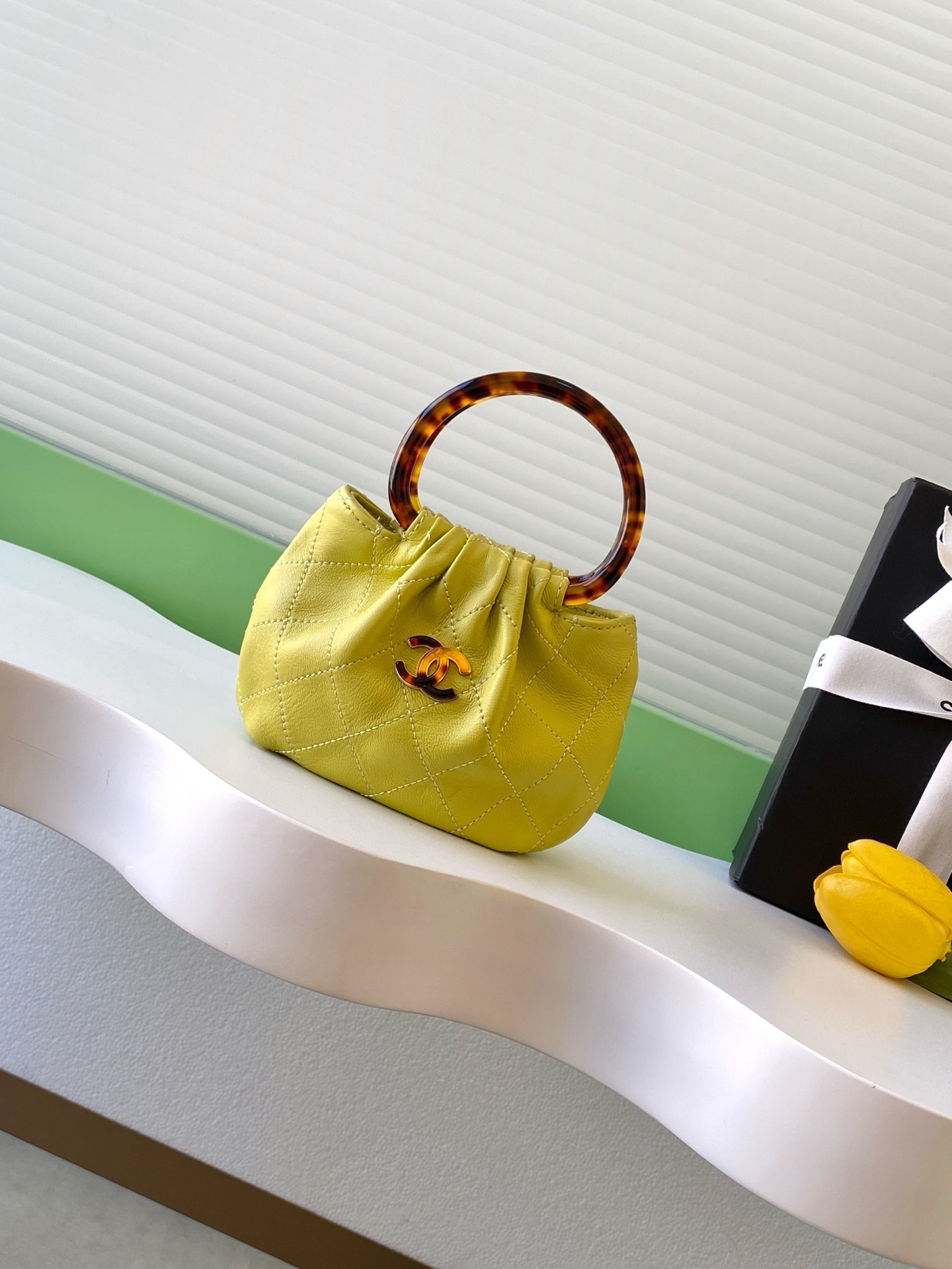 Chanel Mustard Yellow Caviar CC Top Ring Handle Bag with burled wood hardware