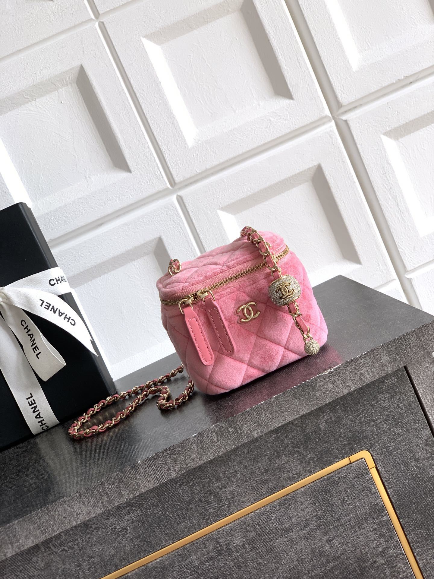 Chanel 2022 Pink Shearling Mini Vanity Bag with Mirror GHW