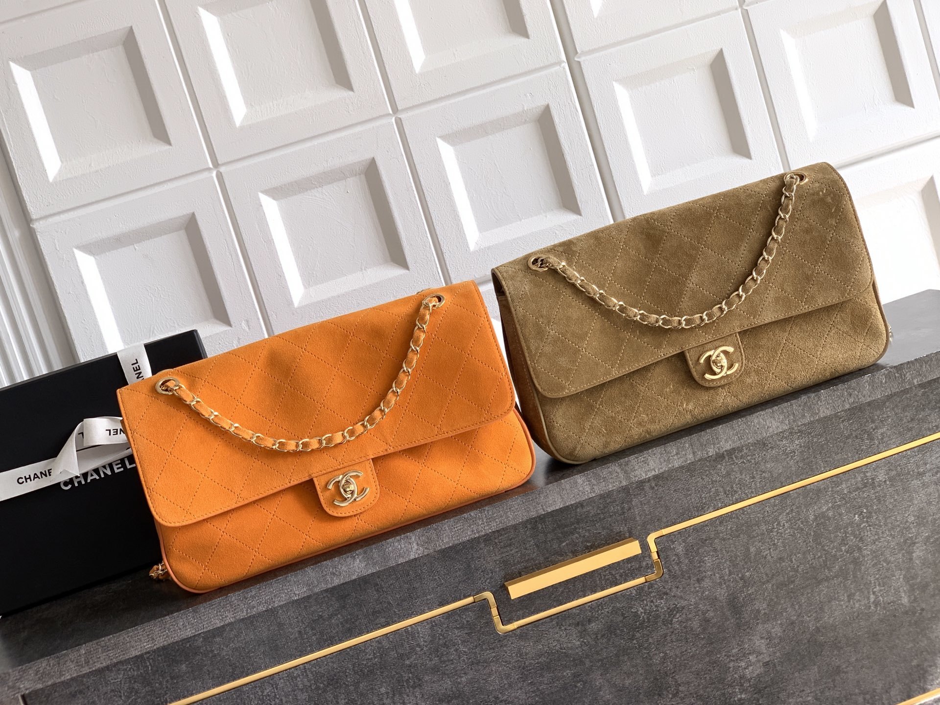 Chanel flap bag in suede/calfskin leather Orange and grey