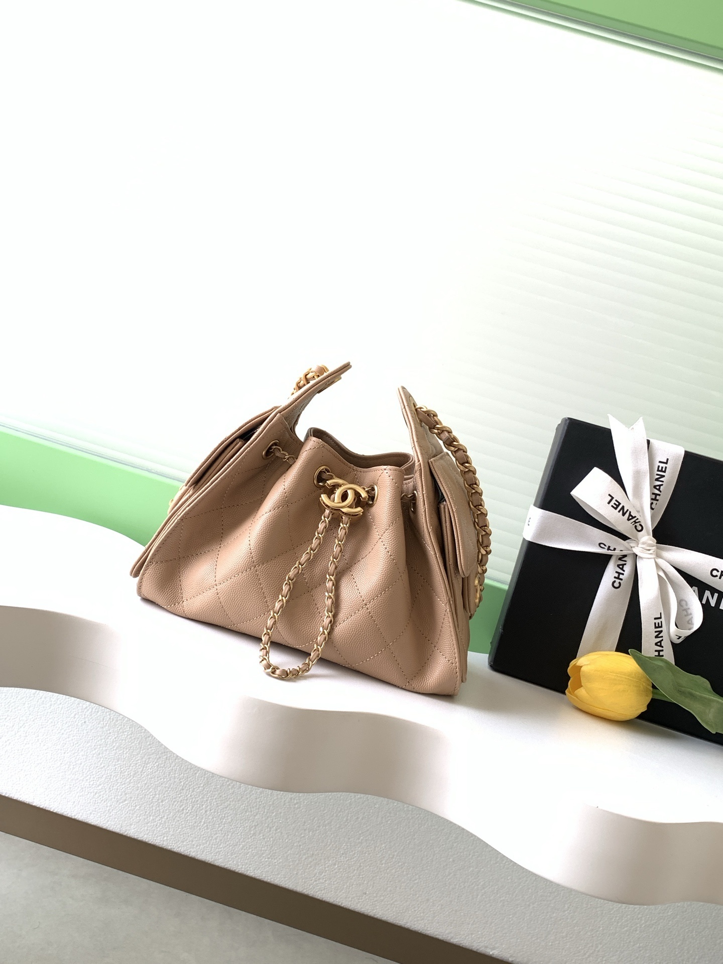 Chanel Caviar Quilted Mini Chanel 25 Handbag in beige calfskin leather with gold-tone hardware