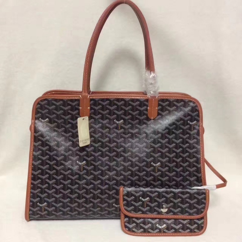 Goyard Sac Hardy PM pet carrier tote bag in brown Goyardine coated canvas with cognac leather trim