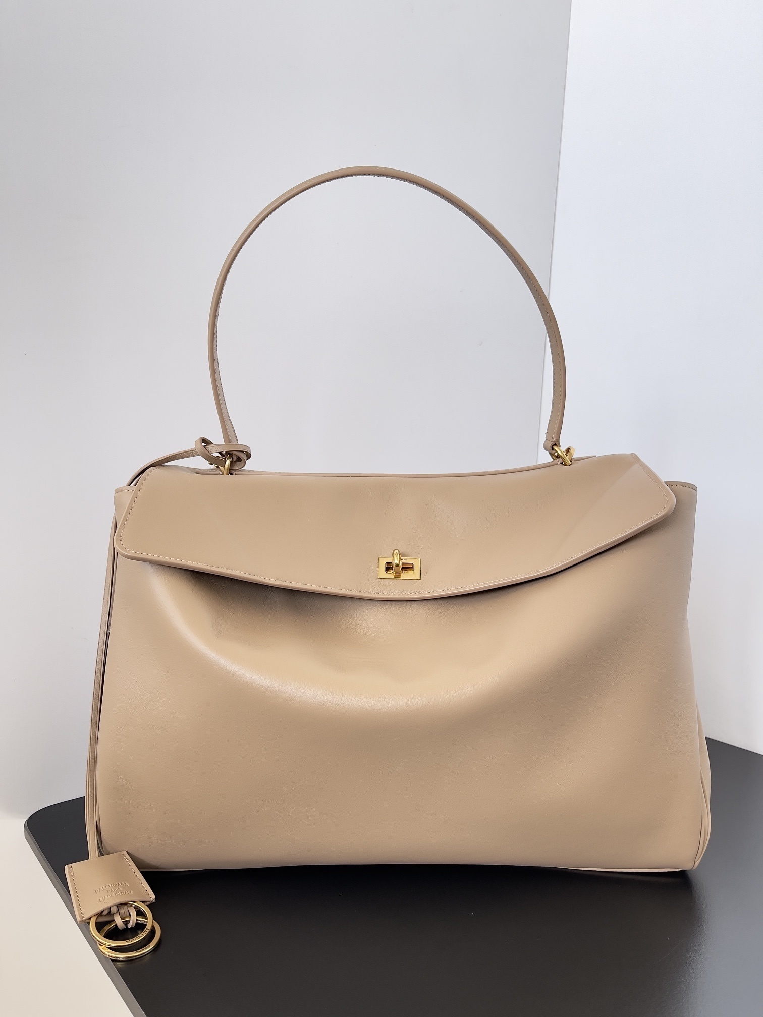 Balenciaga Medium Rodeo bag in smooth cappuccino-colored calfskin leather with aged-gold hardware