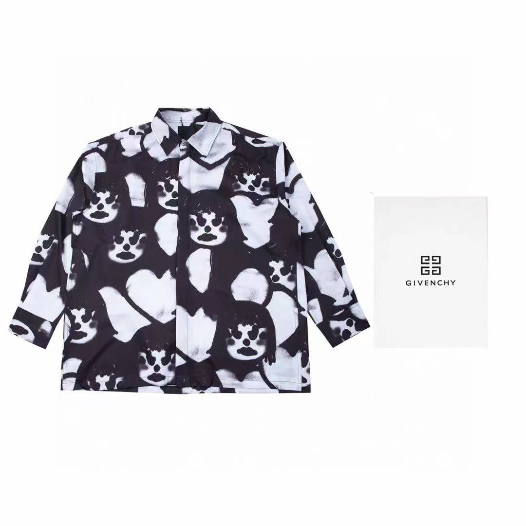 Givenchy x Josh Smith collaboration silk button-down shirt featuring a black and white graphic print.
