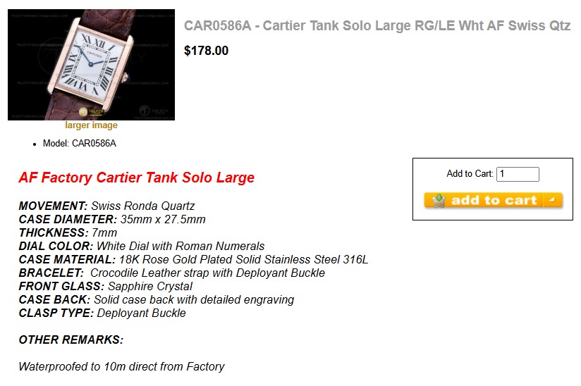 CAR0586A - Cartier Tank Solo Large RG/LE Wht AF Swiss Qtz $178