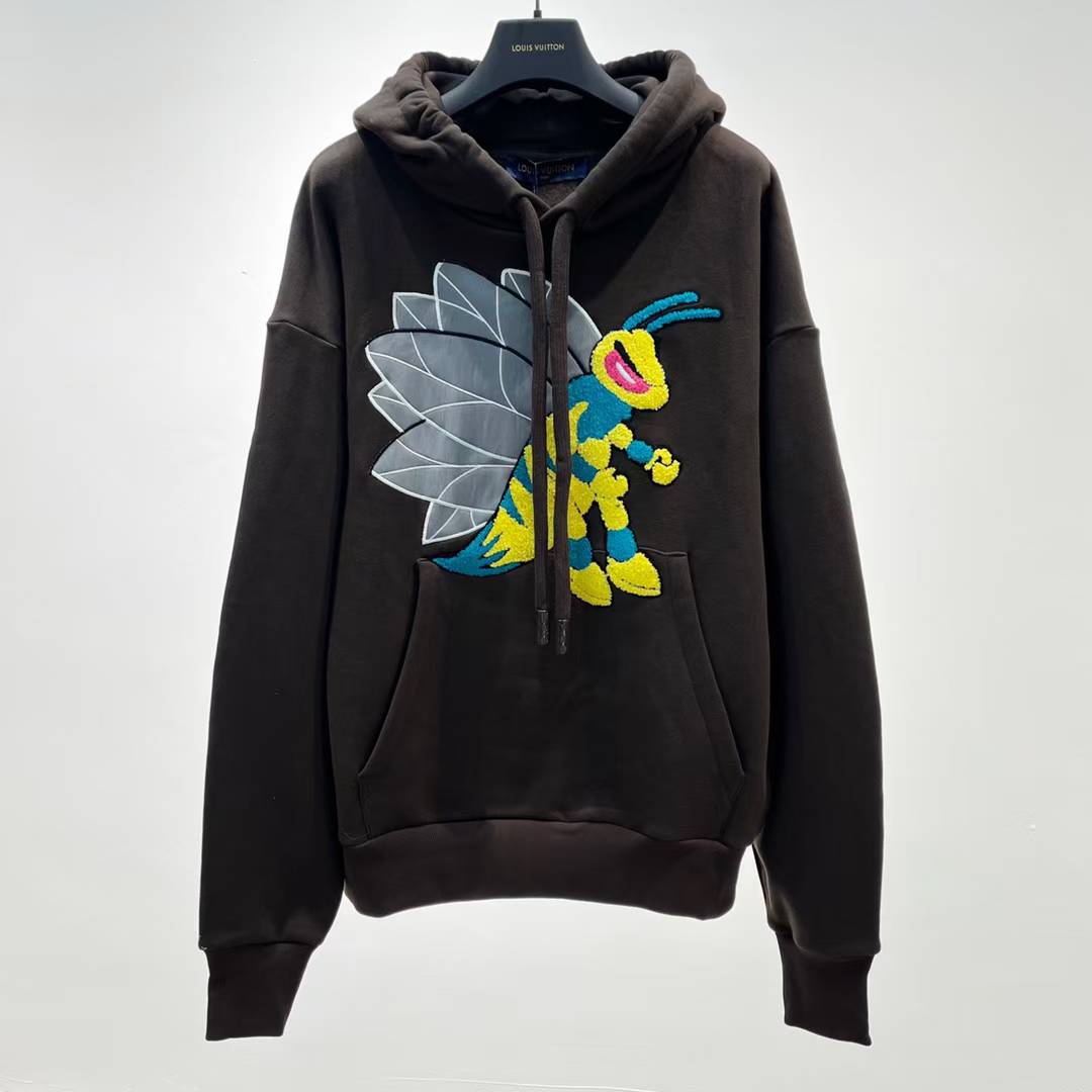 LV Graphic Bee Patched Hoodie in brown cotton.