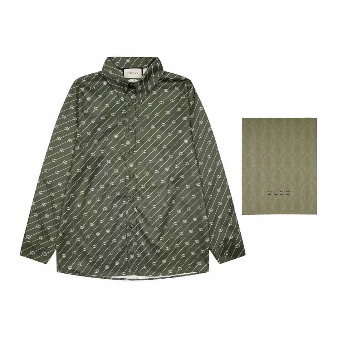 Gucci GG printed silk shirt in an olive green