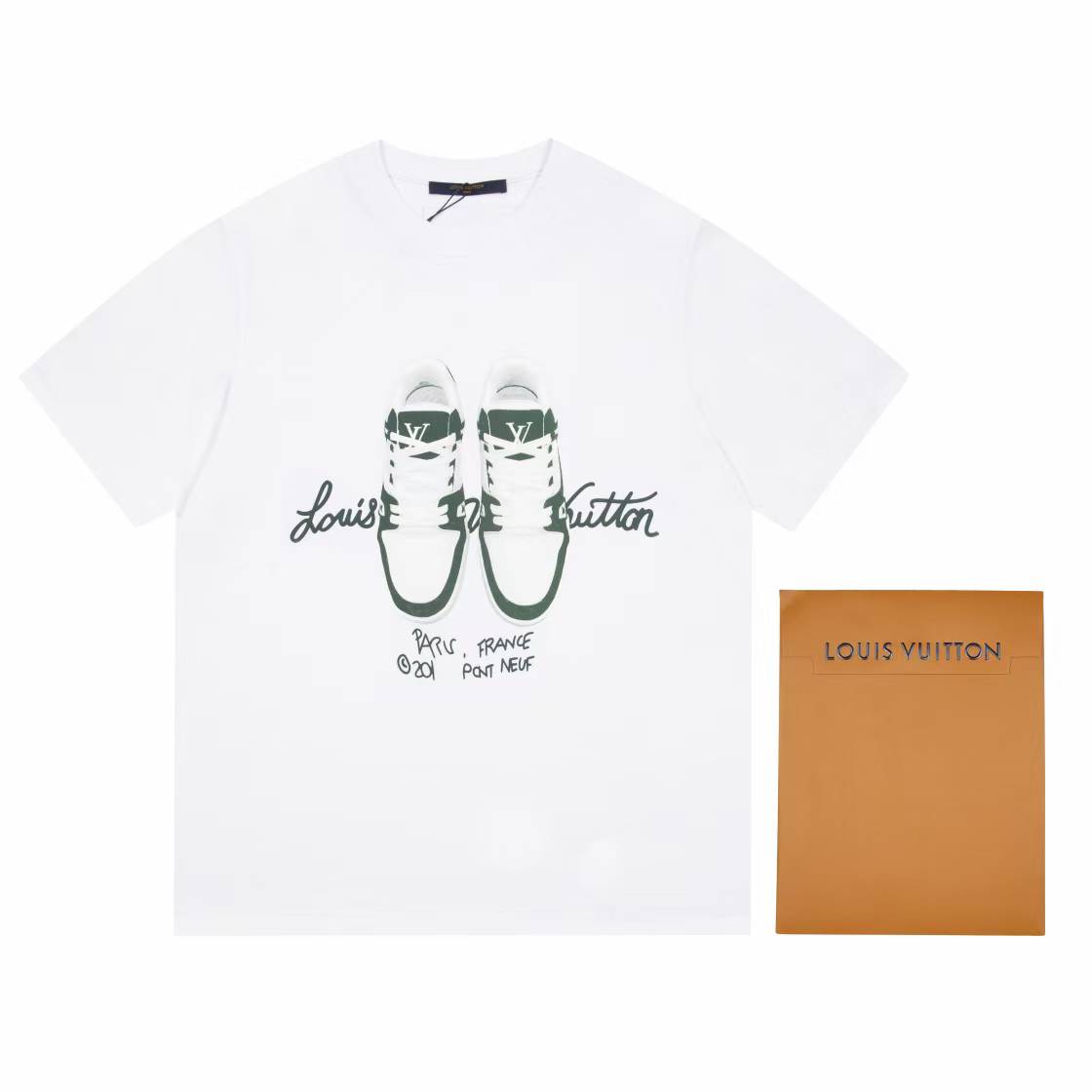 LV T-shirt with a graphic print of sneakers and script White