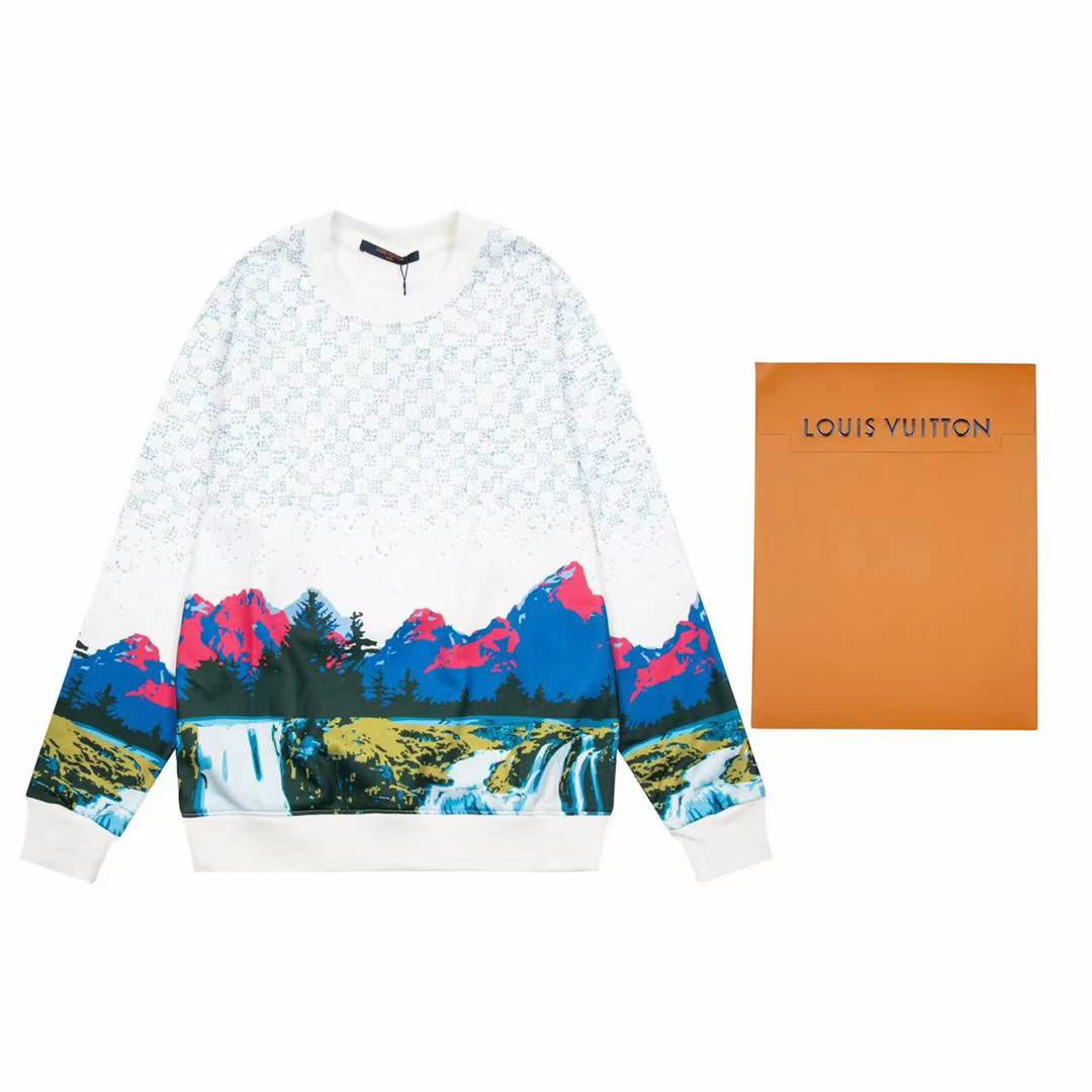 LV Flocked Snow Mountain Print Crew Neck Sweatshirt.