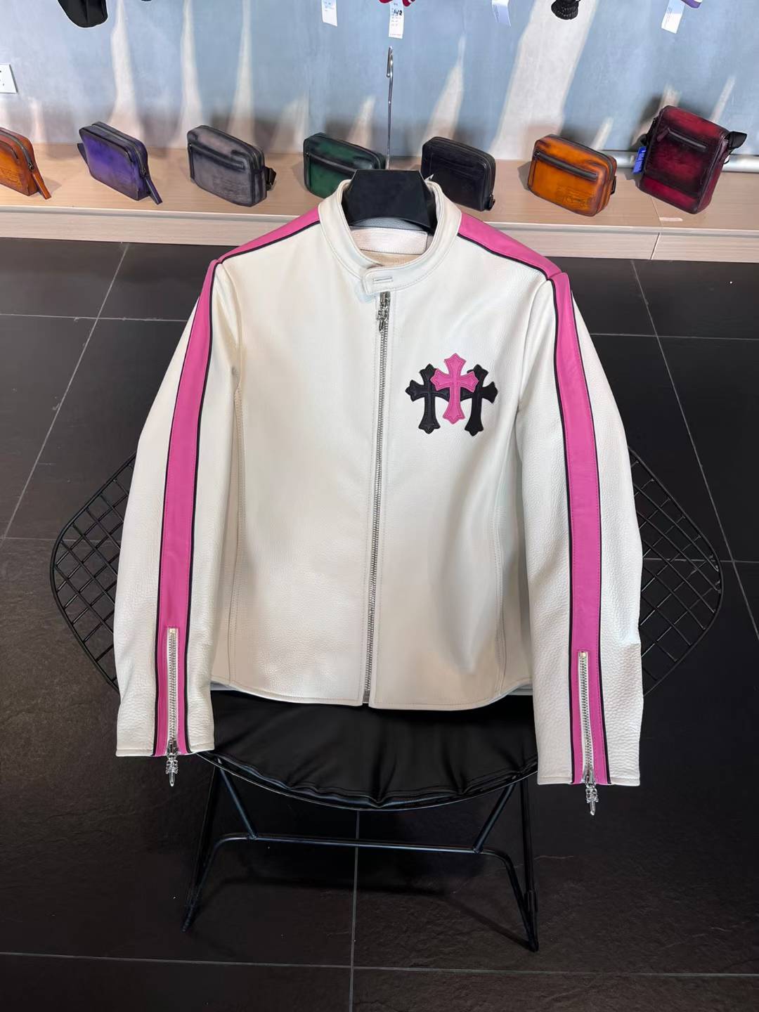Chrome Hearts white and pink leather jacket