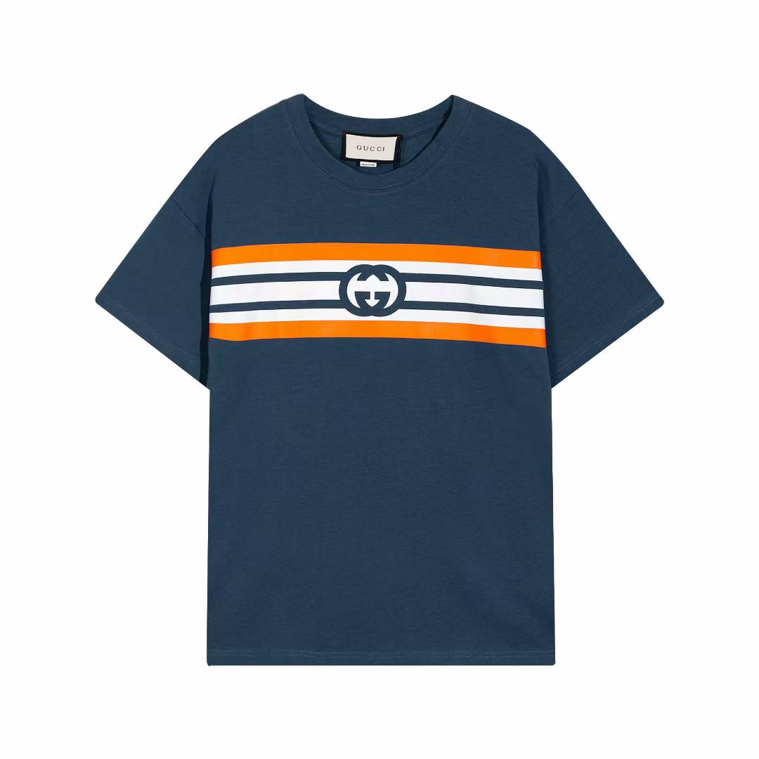 Gucci Interlocking G Stripe Print Cotton T-shirt in blue with orange and white stripes