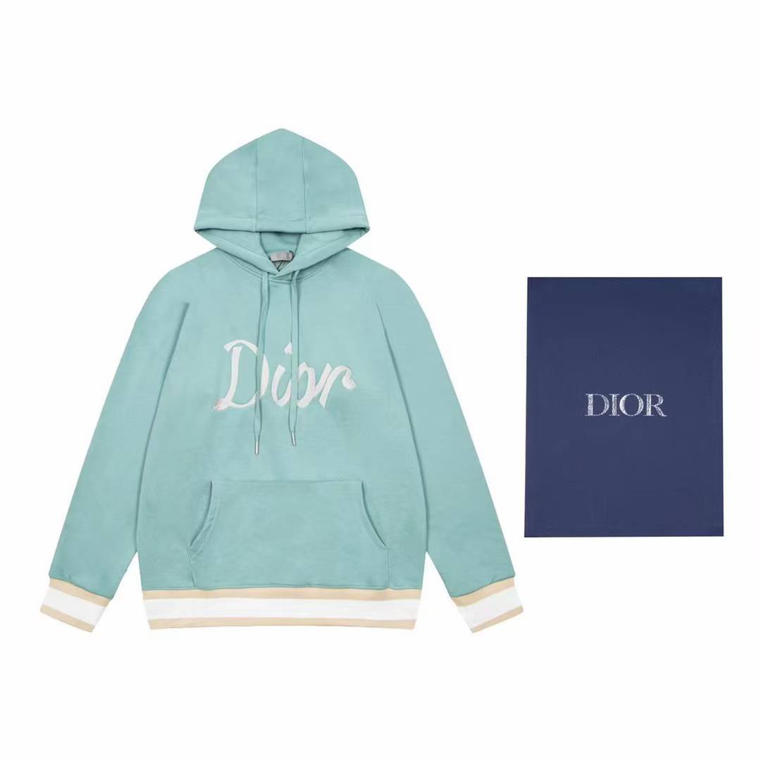 Dior Logo Print Hoodie in light green cotton fleece.