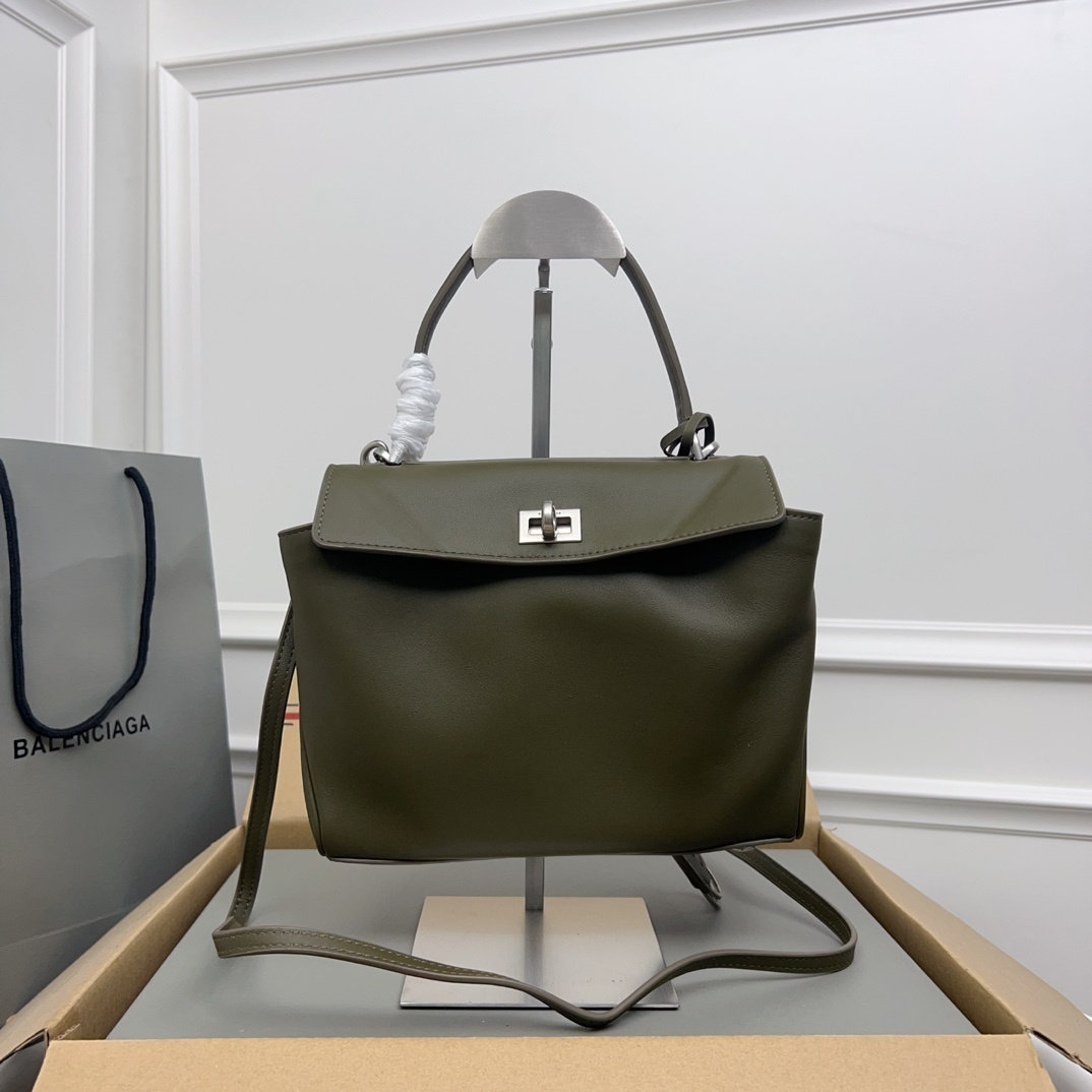 Balenciaga Rodeo small leather tote bag in army green calfskin with silver-tone hardware