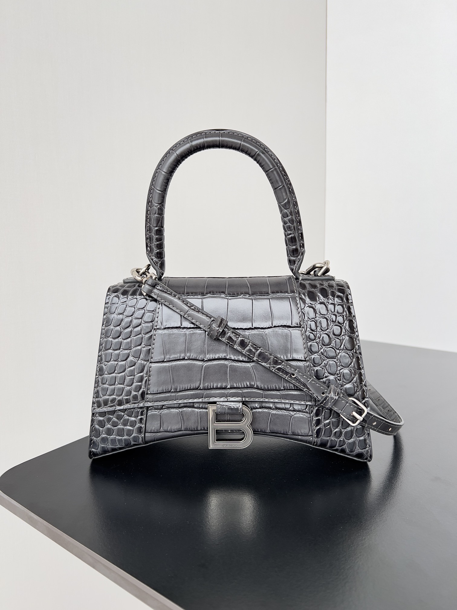 Balenciaga Hourglass Top Handle Bag in black crocodile-embossed leather