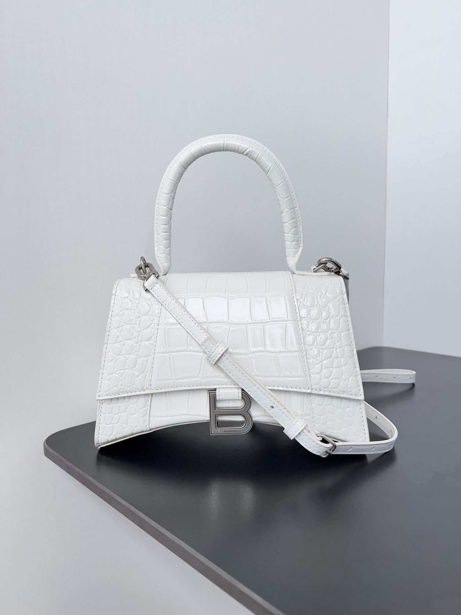 Balenciaga Hourglass small top handle bag in white croc-embossed calf leather