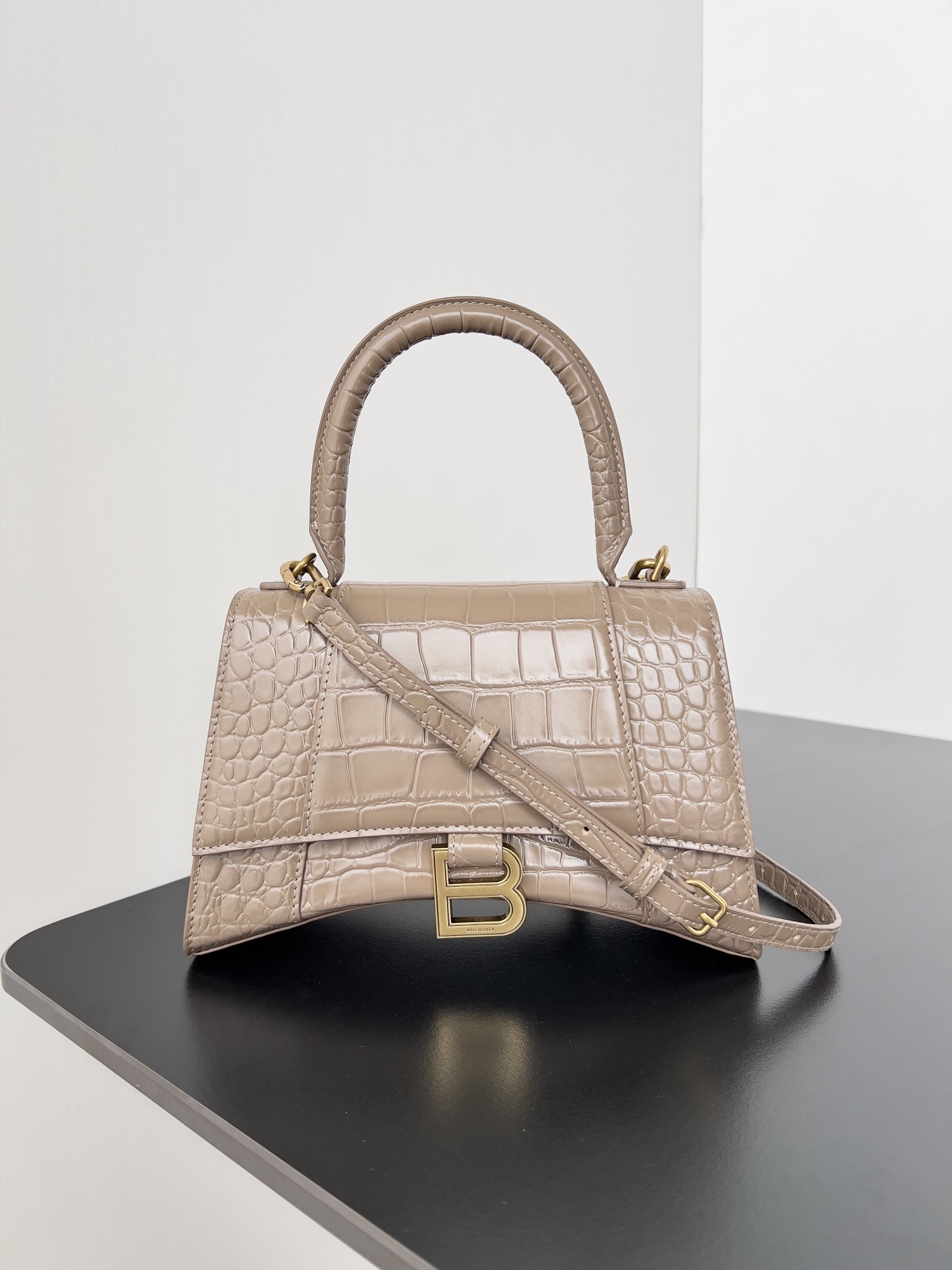 Balenciaga Hourglass Small top handle bag in beige shiny crocodile-embossed calfskin leather