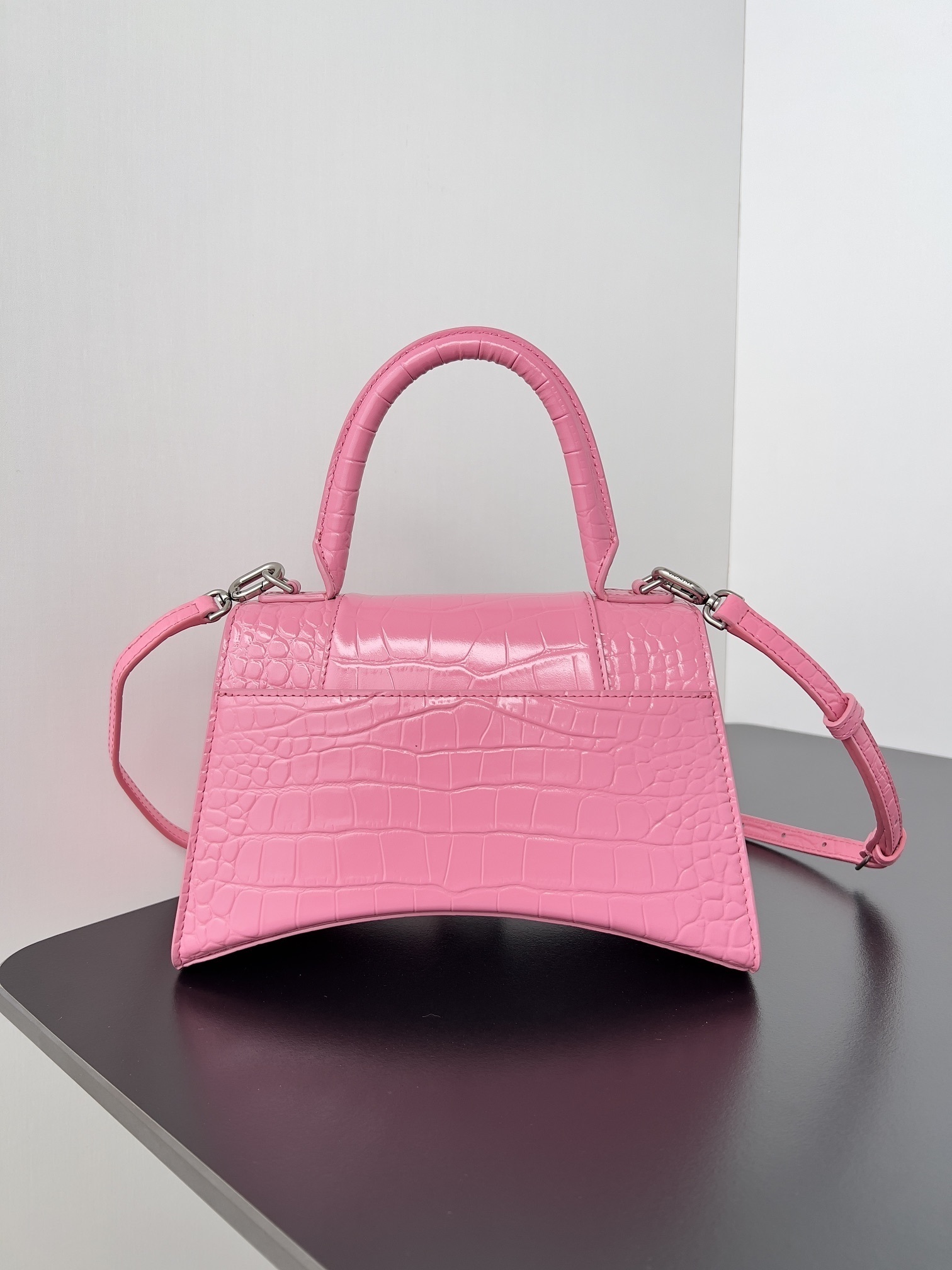 Balenciaga Hourglass XS top-handle bag in pink crocodile-embossed calfskin with silver-tone hardware