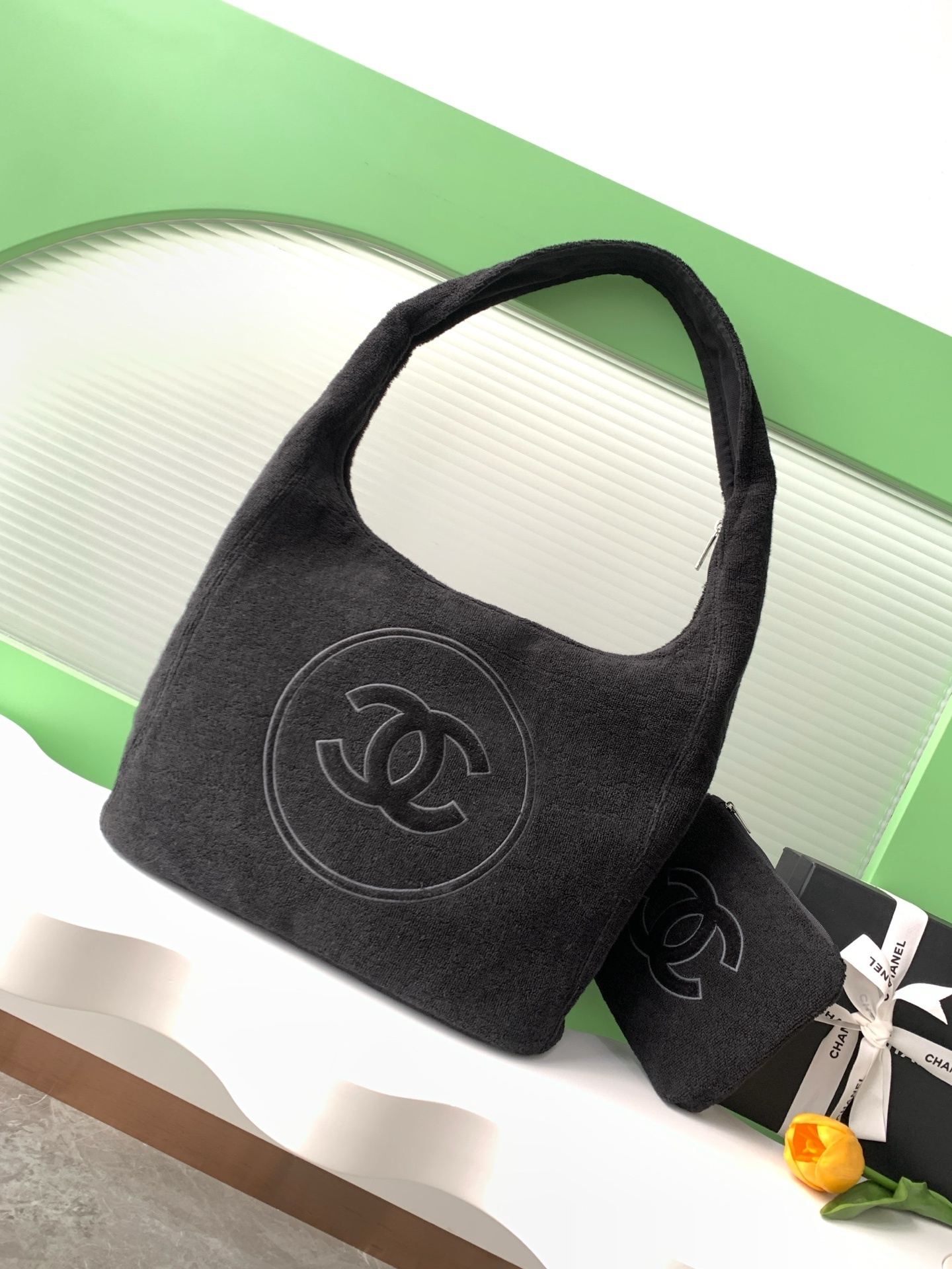 Chanel CC Beach hobo bag in black cotton terrycloth fabric