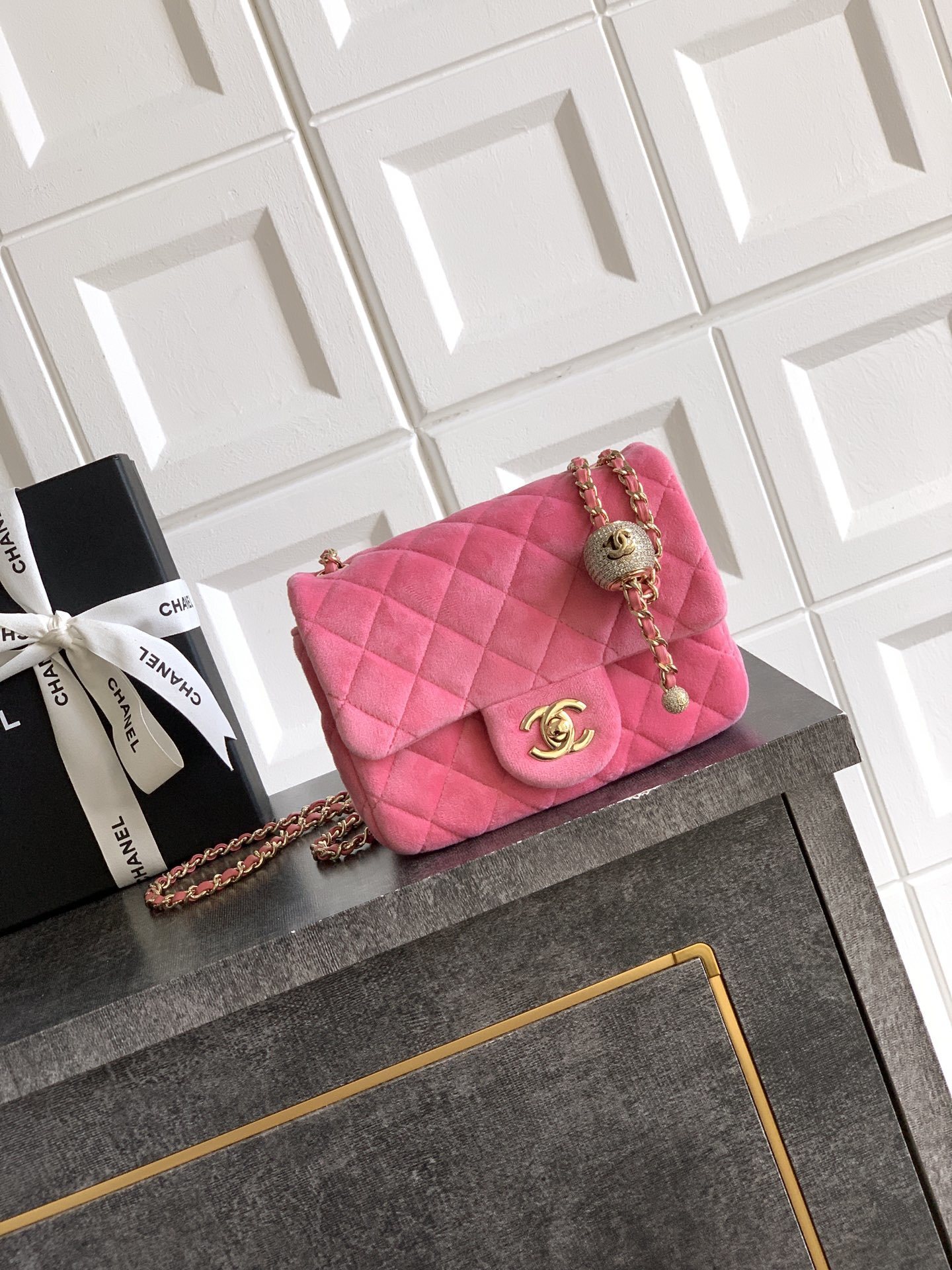 Chanel Velvet Quilted Mini Square Pearl Crush Flap bag in Fuchsia with gold-tone hardware