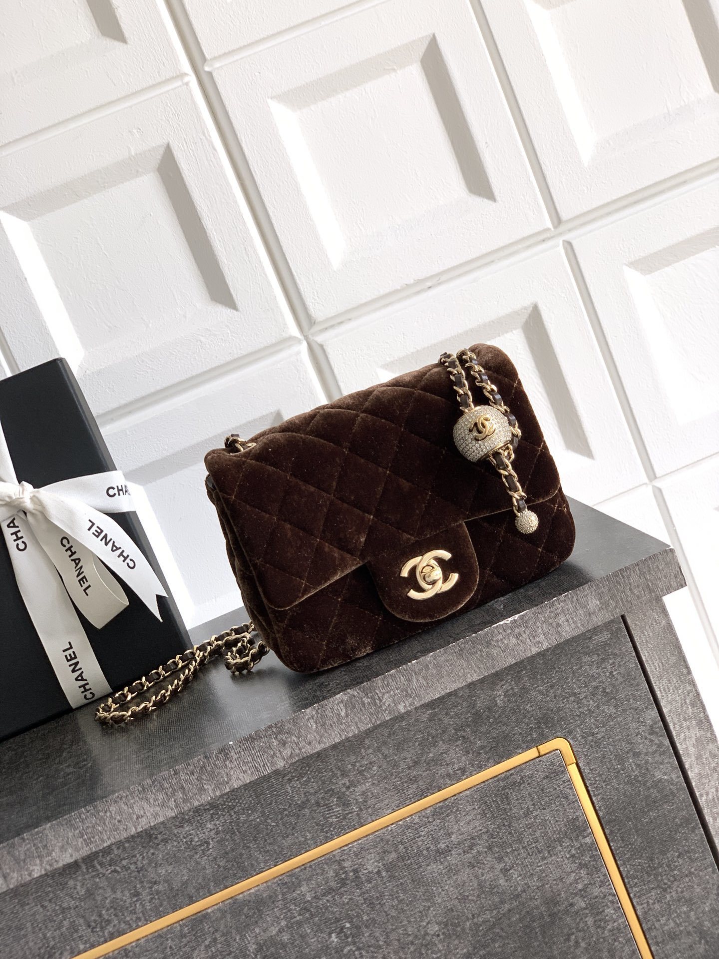 Chanel Pearl Crush Mini Square Flap Bag in brown velvet with gold-tone hardware