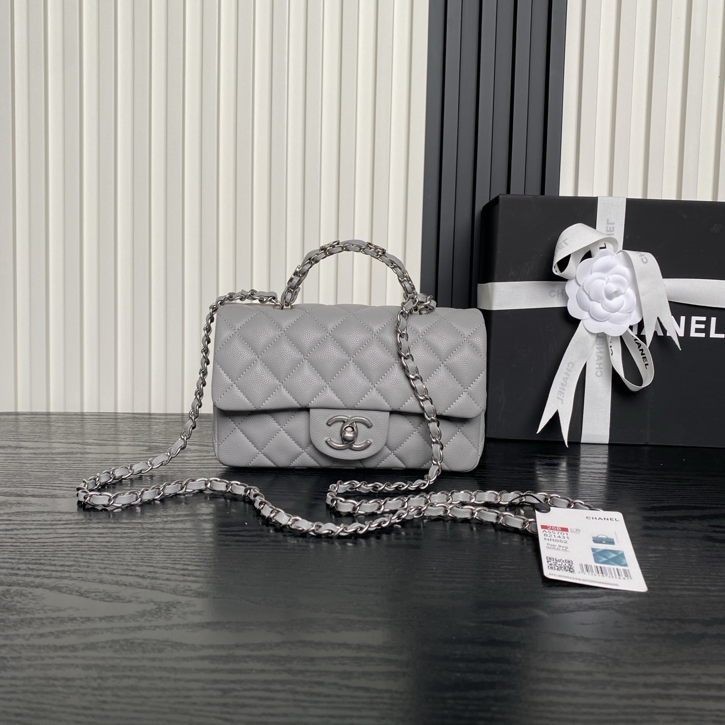 Chanel Mini Flap Bag with Top Handle in light grey lambskin with silver-tone hardware