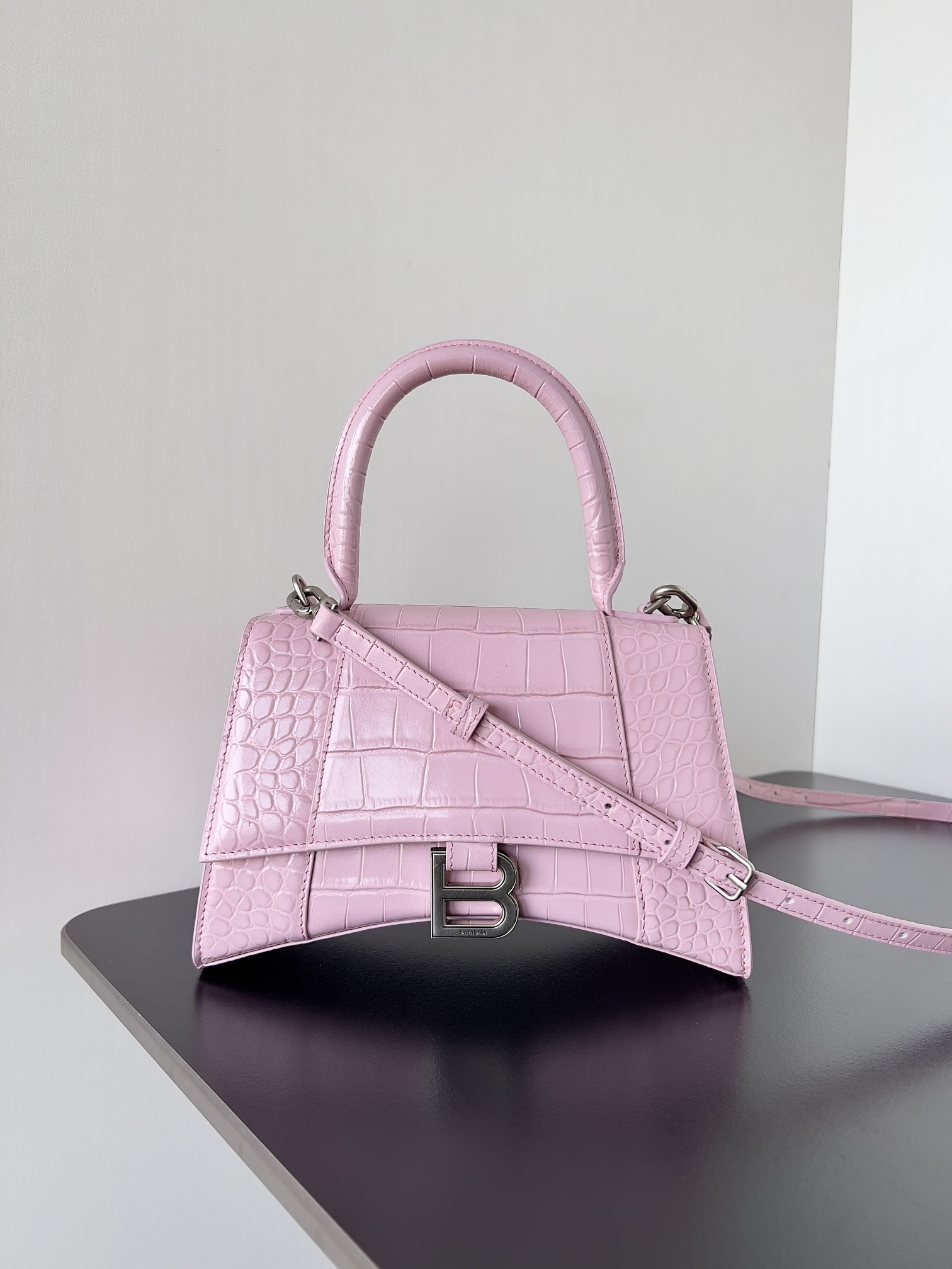 Balenciaga Hourglass Small top-handle bag in powder pink croc-embossed leather